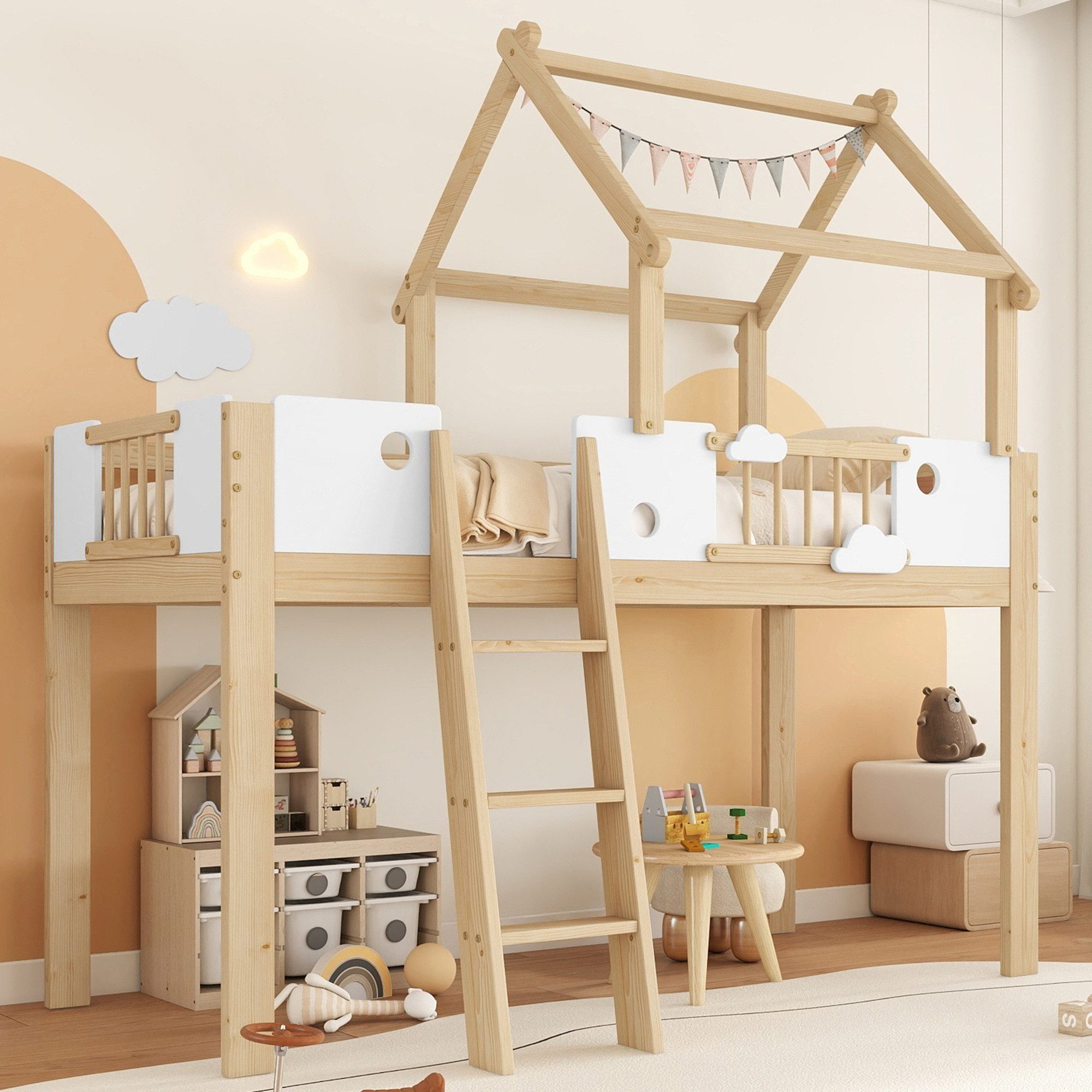 Merax Hochbett (1-St) Kiefer Kinderbett 90x200cm günstig online kaufen