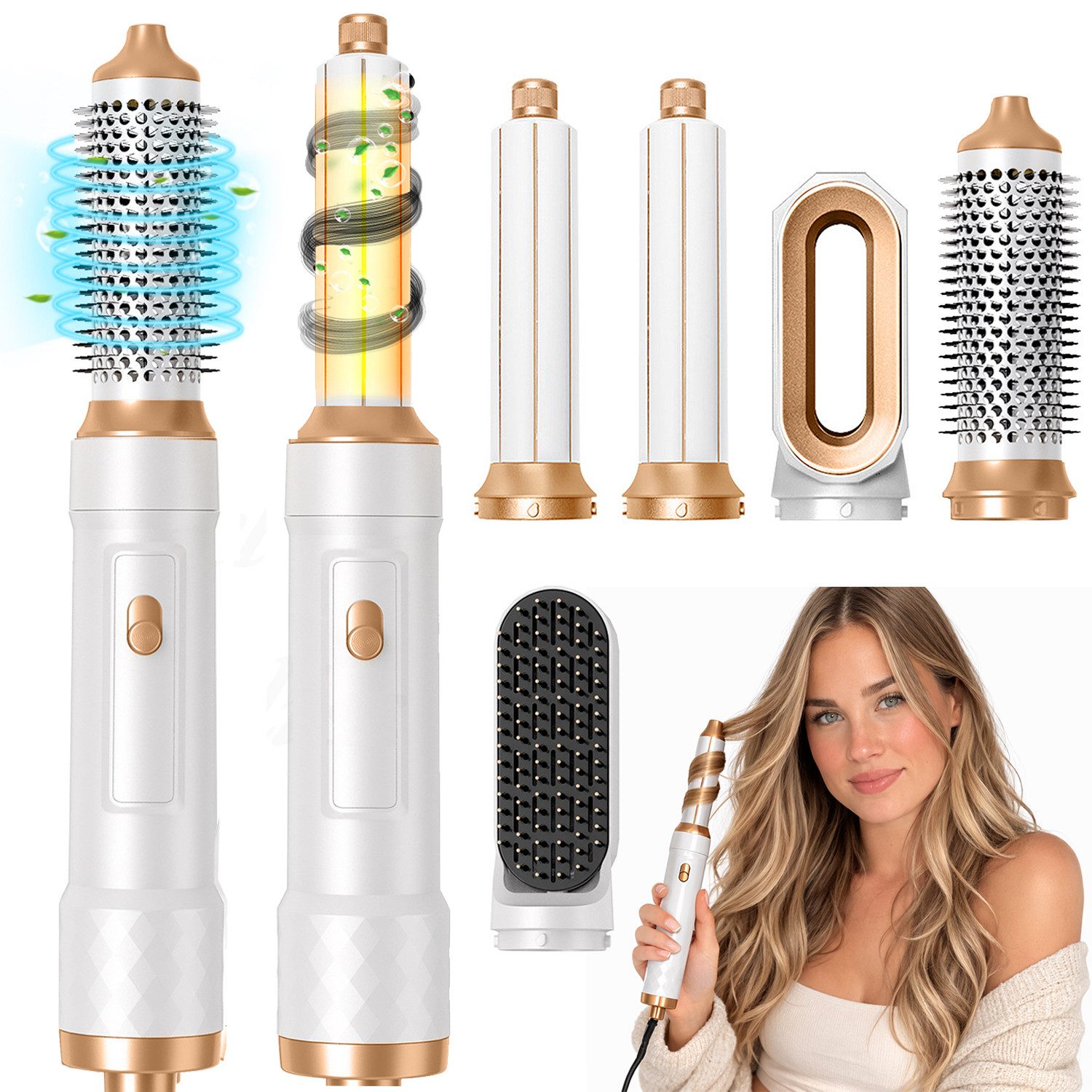 MOPUEA Haarstyler 5 in 1 Haarstyler Heißluftbürste Lockenstab Ionen Stylinggerät, 5 in 1 Haarstyler Ionen Pflege 3 Temperaturstufen