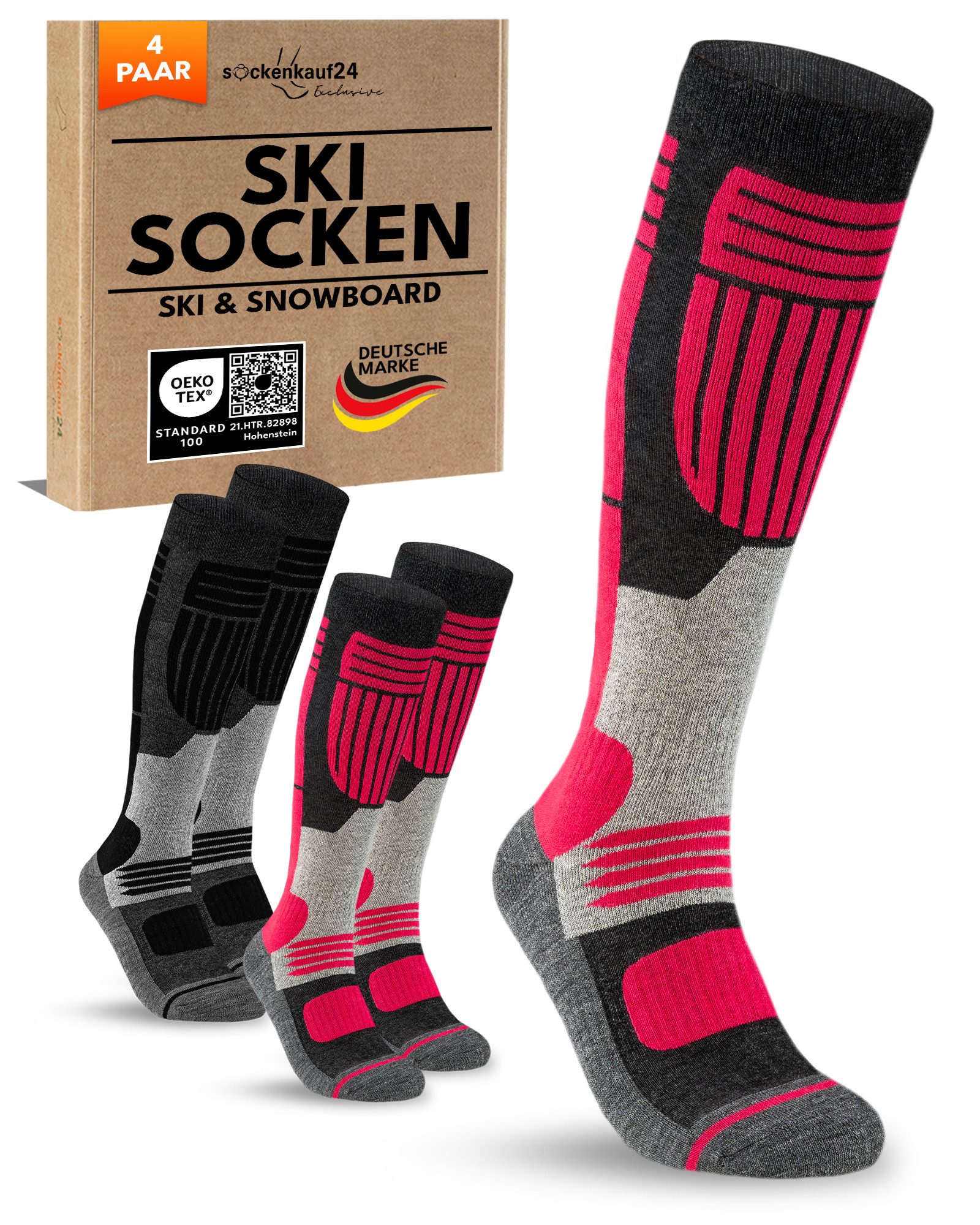 sockenkauf24 Skisocken Merino Damen 2 Paar Ski Kniestrümpfe Merinowolle (4-Paar) atmungsaktive Skisocken mit verstärkten Belastungszonen