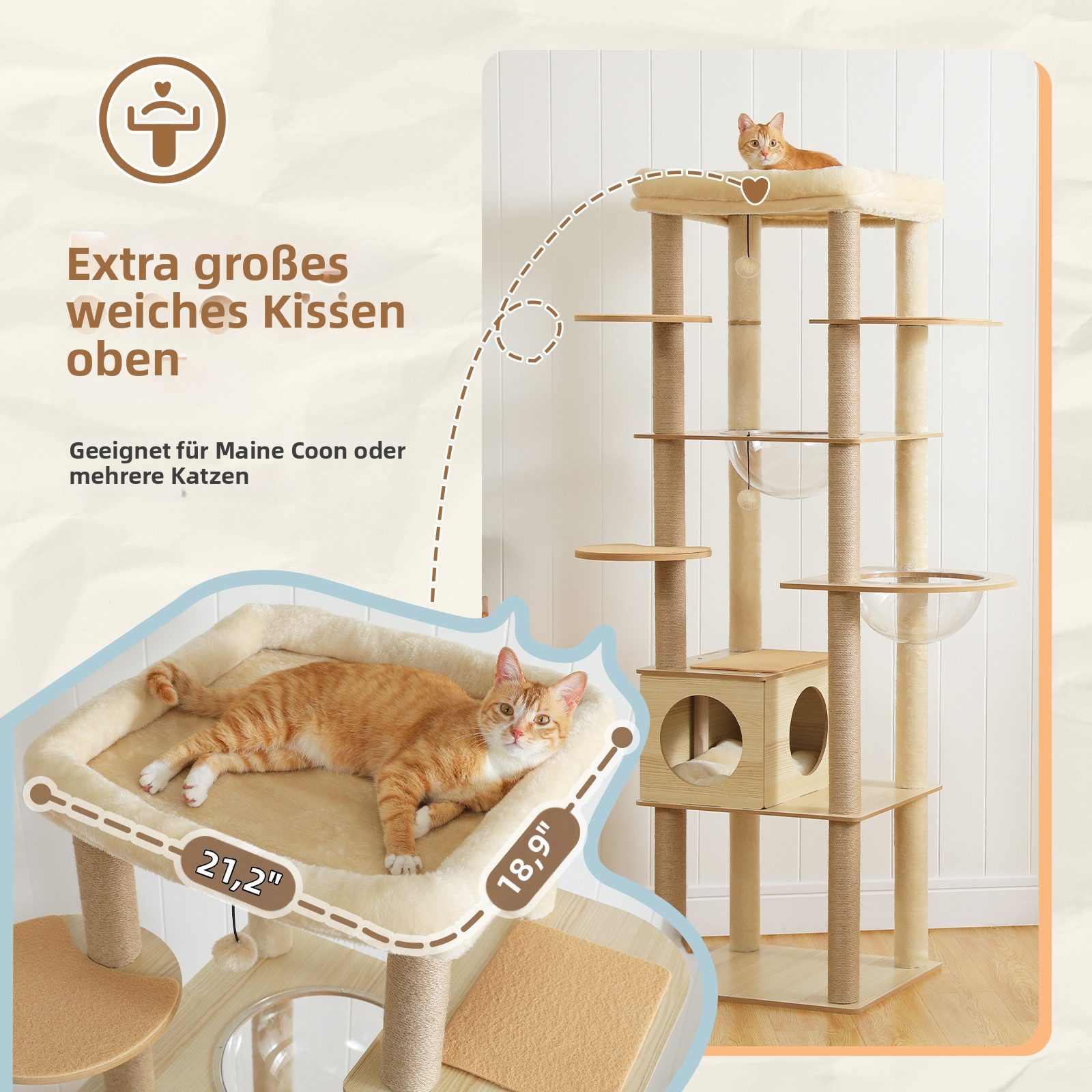 PETEPELA Kratzbaum Kratzbaum für große Katzen 181 cm Holz Katzenbaum mit großer Höhle, mit große Hängematte und mehr Kratzsäule, Beige