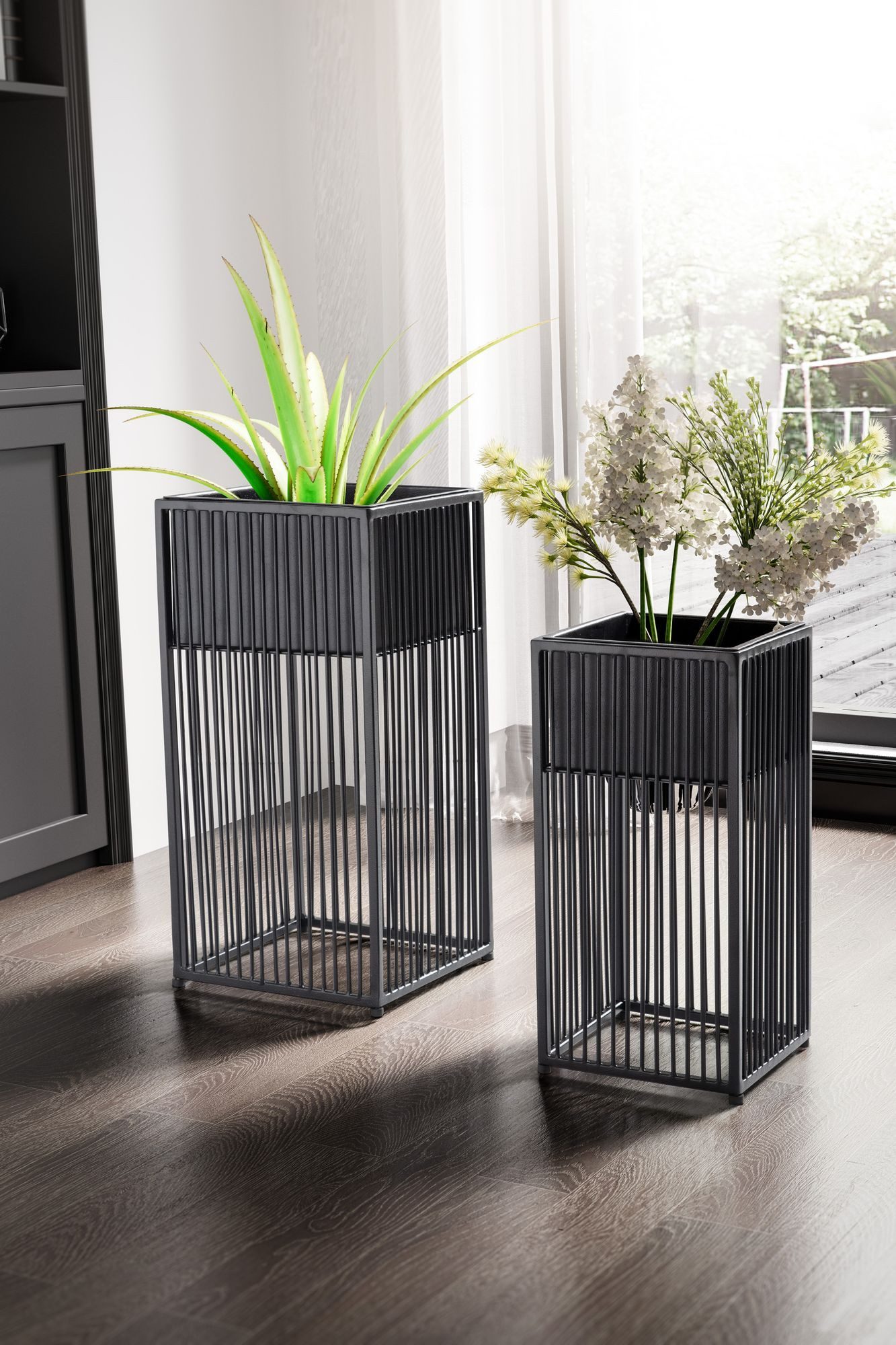 FINEBUY Pflanzkübel FB92215 Blumentopf Pflanzenkübel 2er Set Metall Schwarz Quadratisch (Blumentopf 2er Set Metall Schwarz Quadratisch), Pflanzenkübel 2-teilig, Blumenkübel Pflanzgefäß