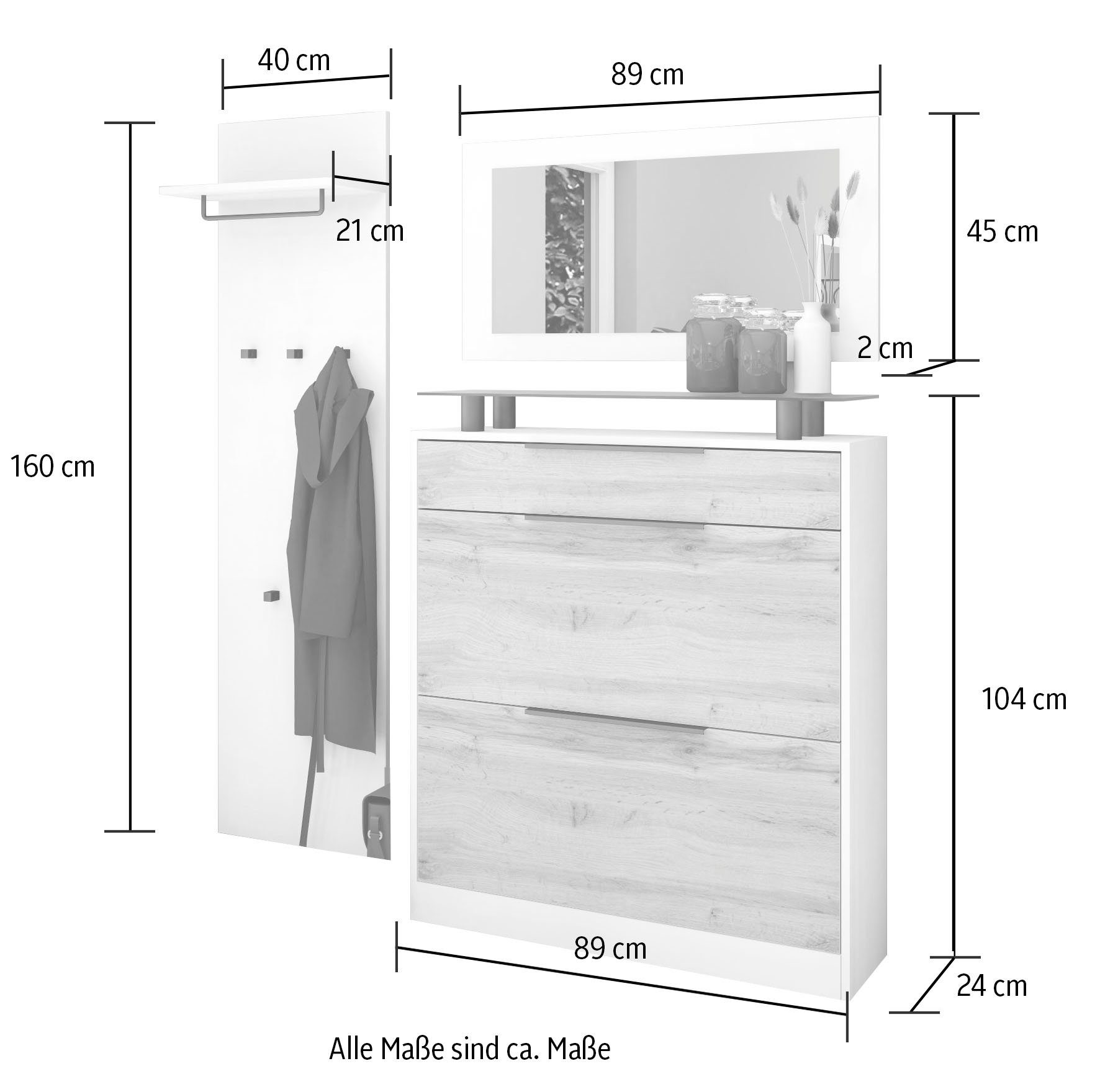 borchardt weiß matt Möbel Tom, matt/weiß (3-St), stehend Garderoben-Set Schuhschrank