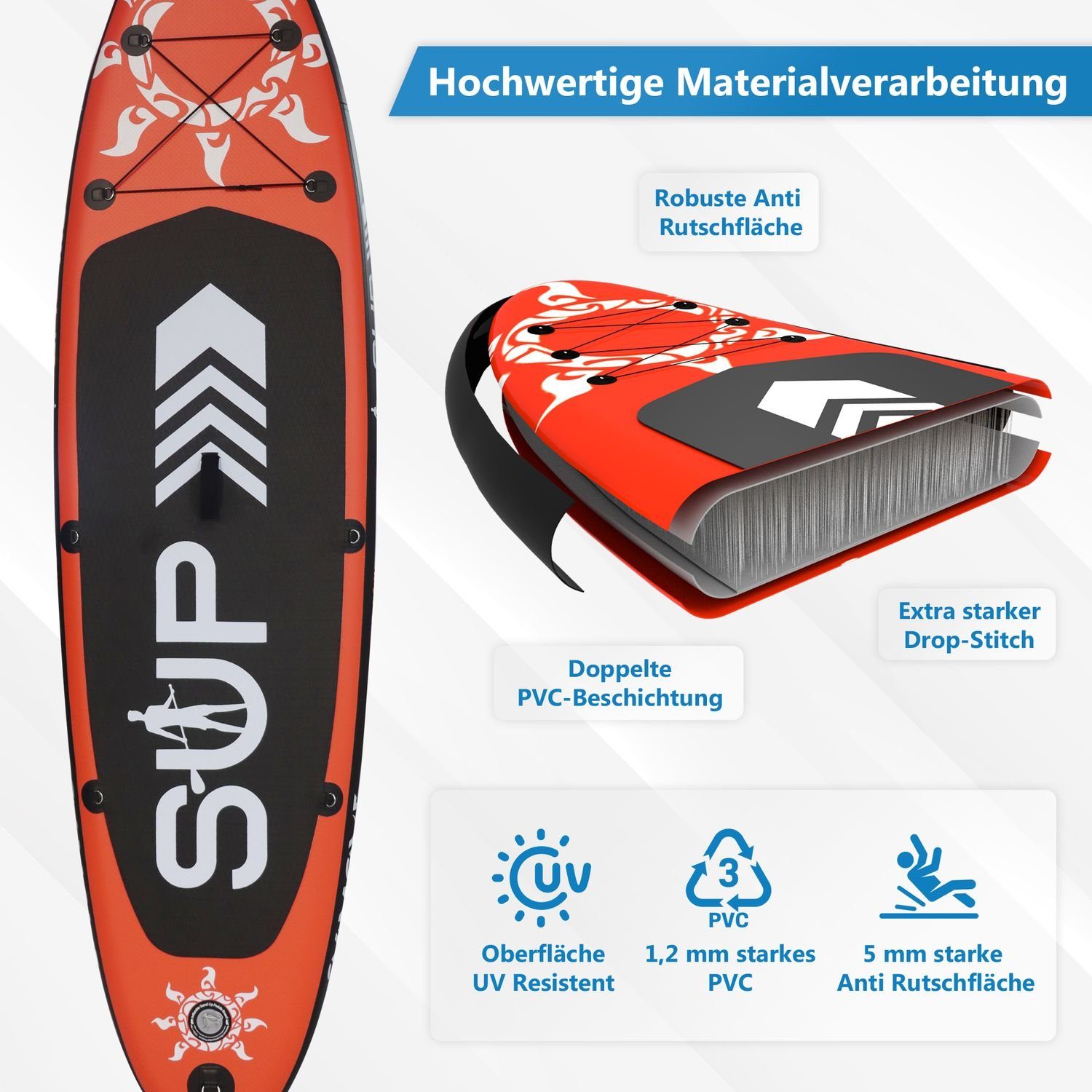 24Move SUP-Board Supboard Set, Technologie (Board, Kinder Erwachsene, Cam Stich Paddleboard & Longboard, 366x80, Stand kg), für Paddle,Action Up 200 ROT, Oberfläche bis Drop inkl. und tlg., mit Rucksack,Aluminium Anti-Rutsch Zubehör, Halterung,Sicherungsleine, 6 aufblasbar, Premium