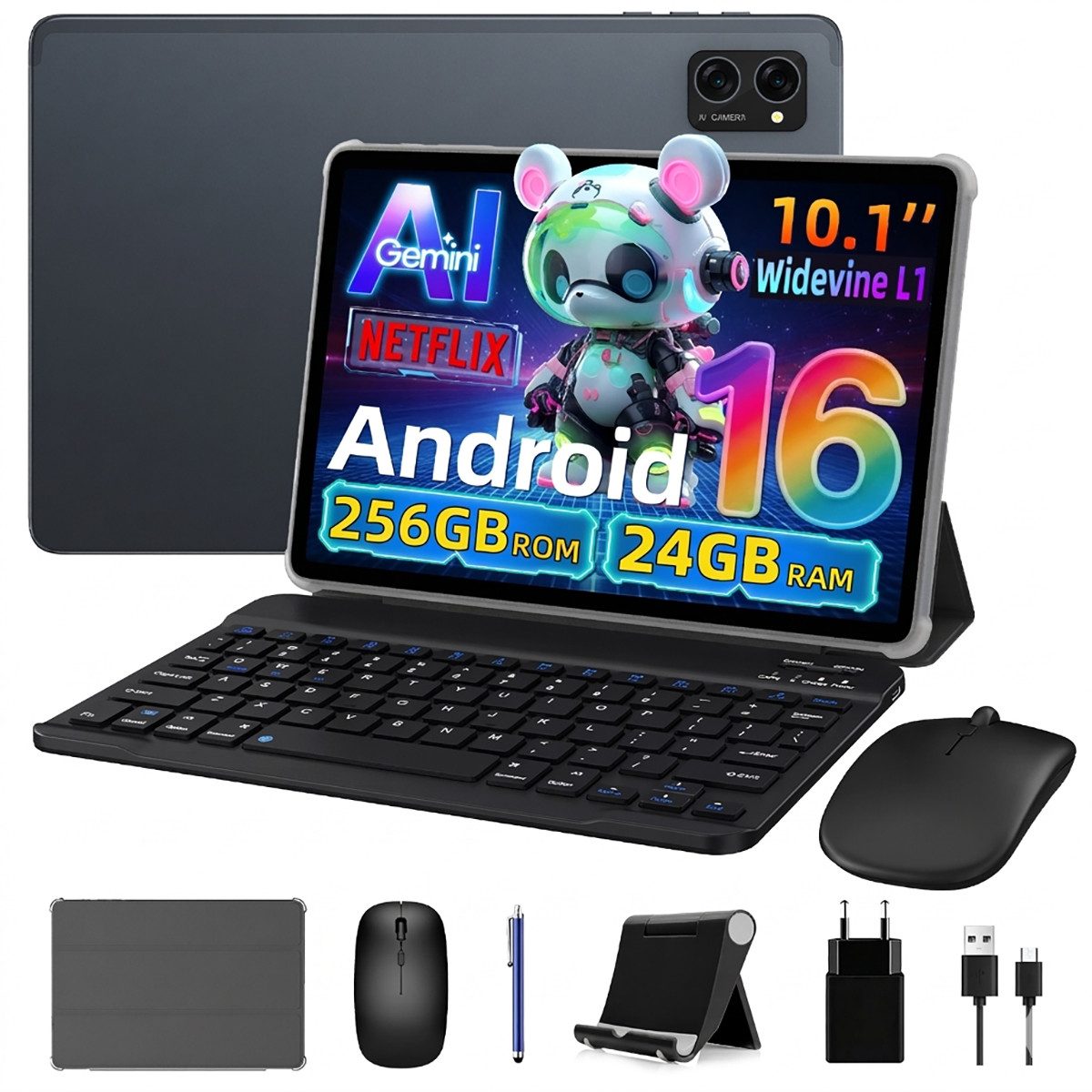 VekfulPC 10,1" T20 Android 16 256GB mit Maus, Tastatur und Stift Tablet (10.1", 256 GB, Android 16, Android 16, Große Größe, Gemini AI, Tastatur + Maus + Stift + Hülle)