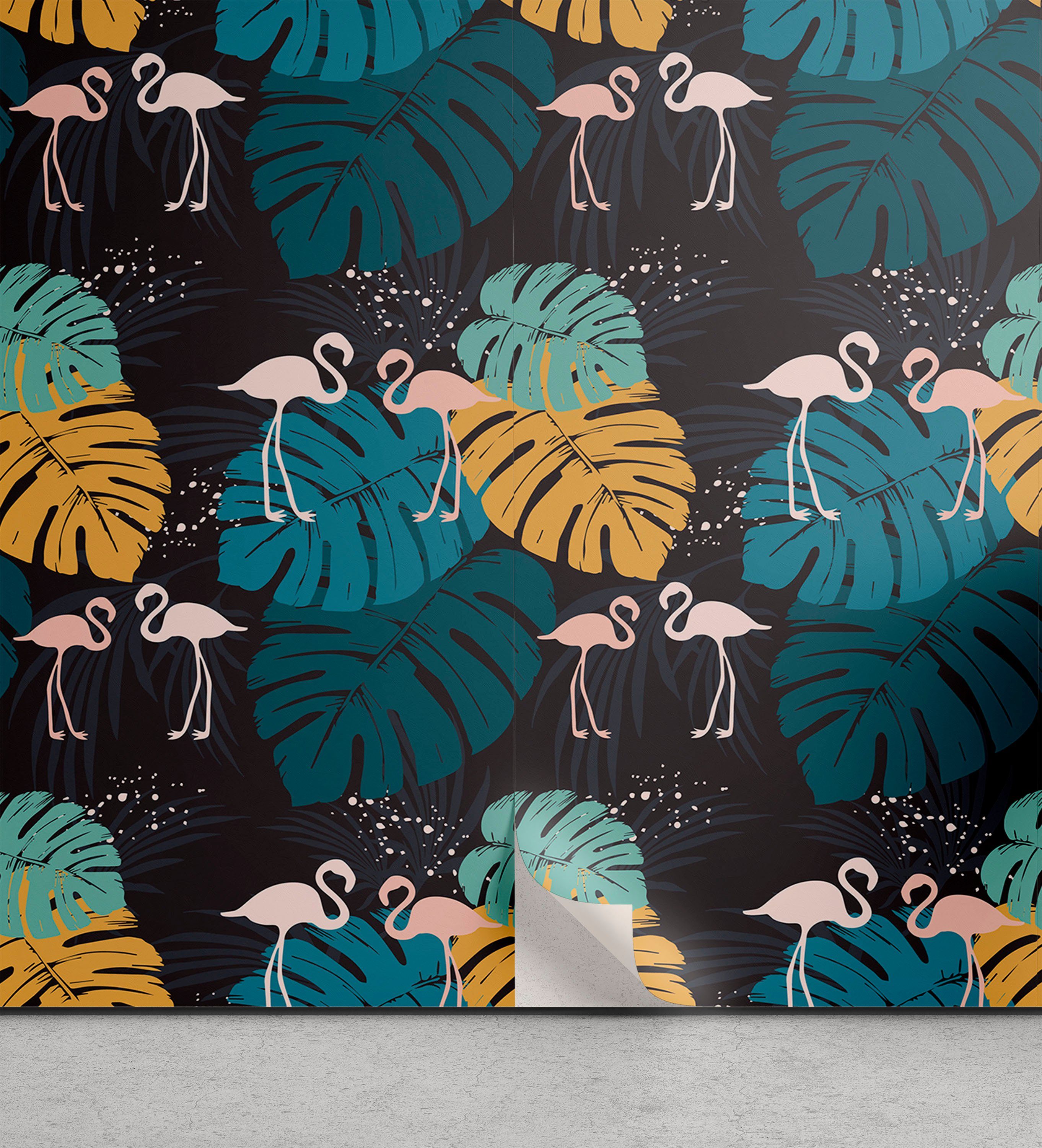 Abakuhaus Vinyltapete selbstklebendes Wohnzimmer Küchenakzent, Safari Flamingos Tropic Monstera