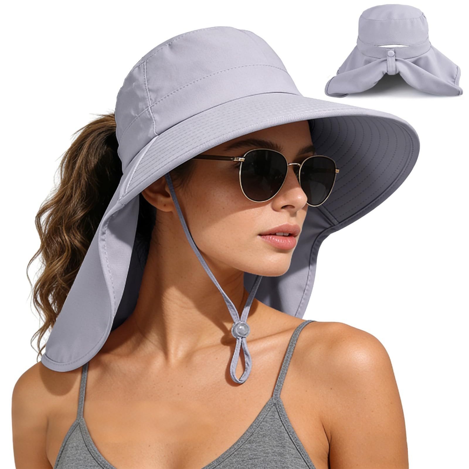FOUORTUNATE-BEE Sonnenhut Sonnenhut für Damen mit Nackenschutz und Pferdeschwanzöffnung (rollbarer Damen-Sonnenhut, Anglerhut mit breiter Krempe)