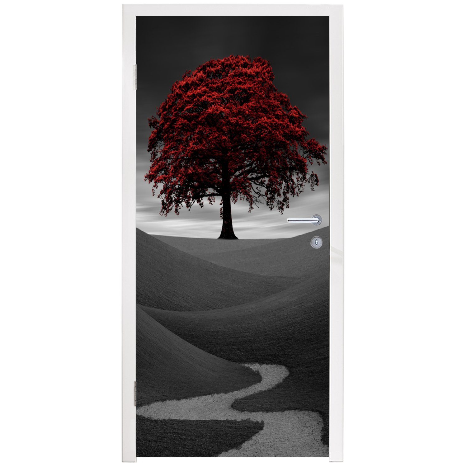 MuchoWow Baum, Fototapete bedruckt, Matt, Türtapete cm Tür, mit roten Türaufkleber, St), (1 für einem Schwarz-Weiß-Foto 75x205
