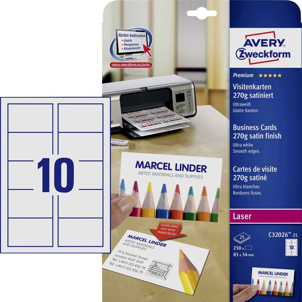 Avery Zweckform Visitenkarten Avery-Zweckform C32026-25 Bedruckbare Visitenkarten, glatte Kanten 85