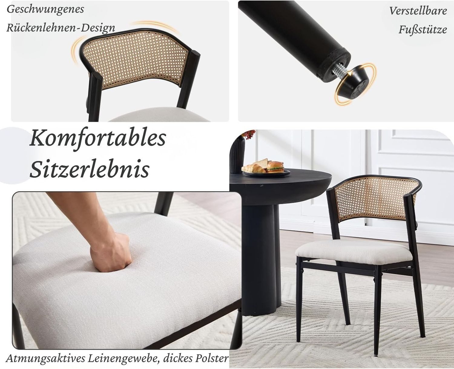WAHSON OFFICE CHAIRS Esszimmerstuhl 2er Set Rattan-Esszimmerstühle, gepolstert, Leinen, Metallbeine – Bild 5 von 5