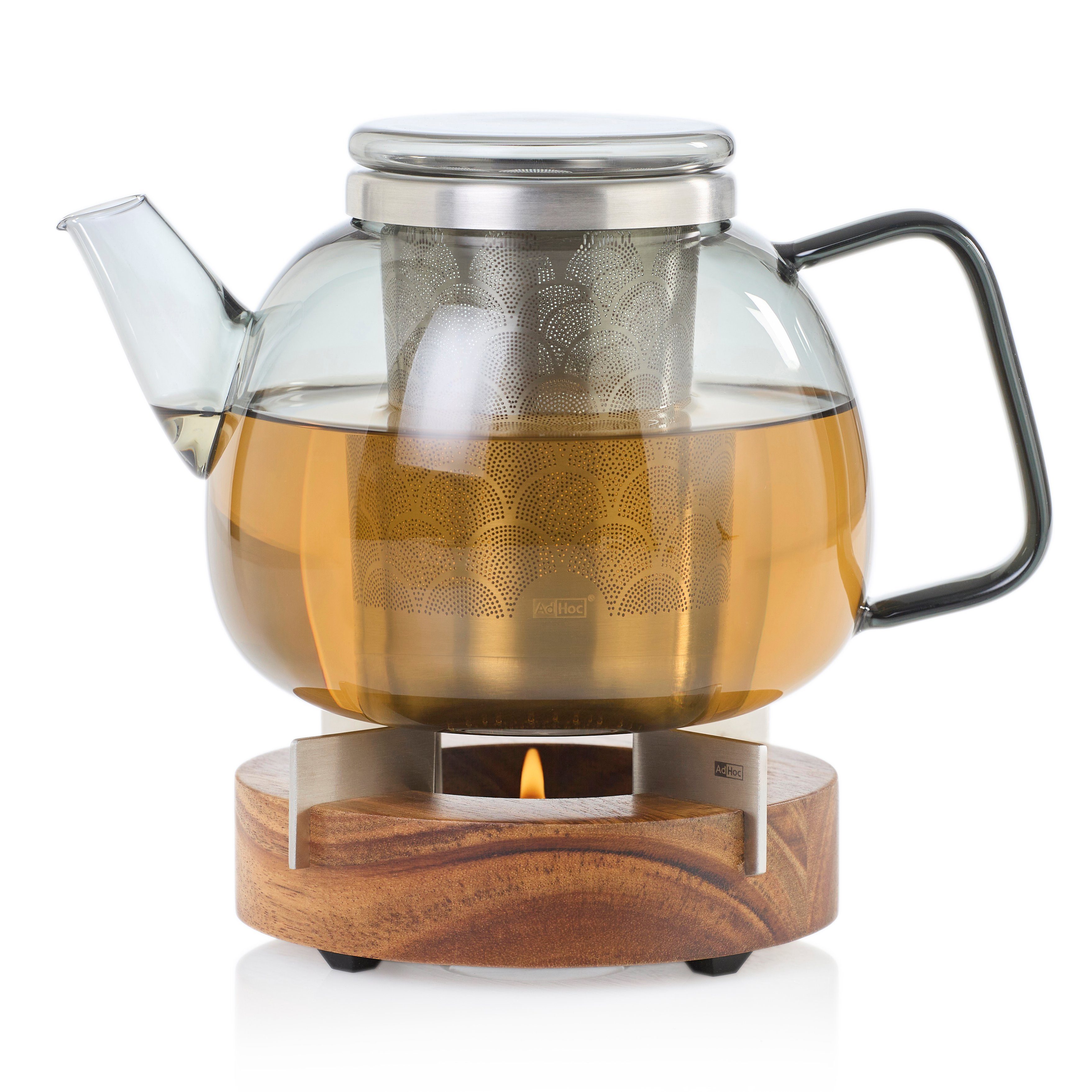 AdHoc Teekanne YUNA im Set mit Stövchen TUTO, 1,2 l, (Spar-Set, 2-St), edle Glaskanne in Rauchgrau mit Feinfilter und Stövchen