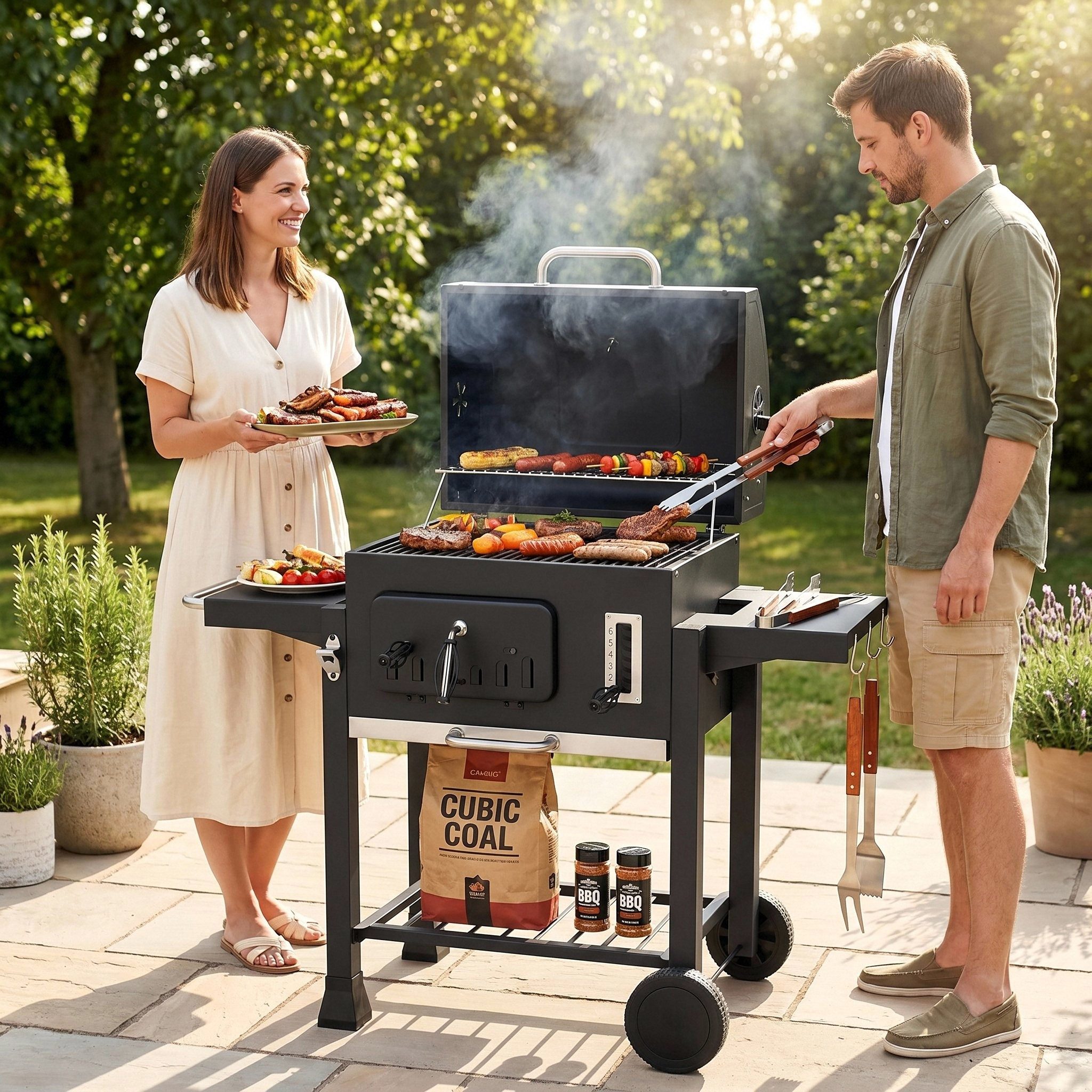 TLGREEN Holzkohlegrill XXL Holzkohlegrill Grillwagen mit Deckel, 3-Zonen Multifunktionaler Smoker Grill, Höhenverstellbare Kohleschale,Thermometer & 4 Lüftungsschlitze, Mit 2 klappbaren Ablagen, Rädern und Aschekasten