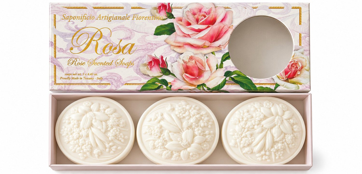 Saponificio Artigianale Fiorentino Handseife Rose, Duftseifen aus der Toskana im dekorativen Geschenkset