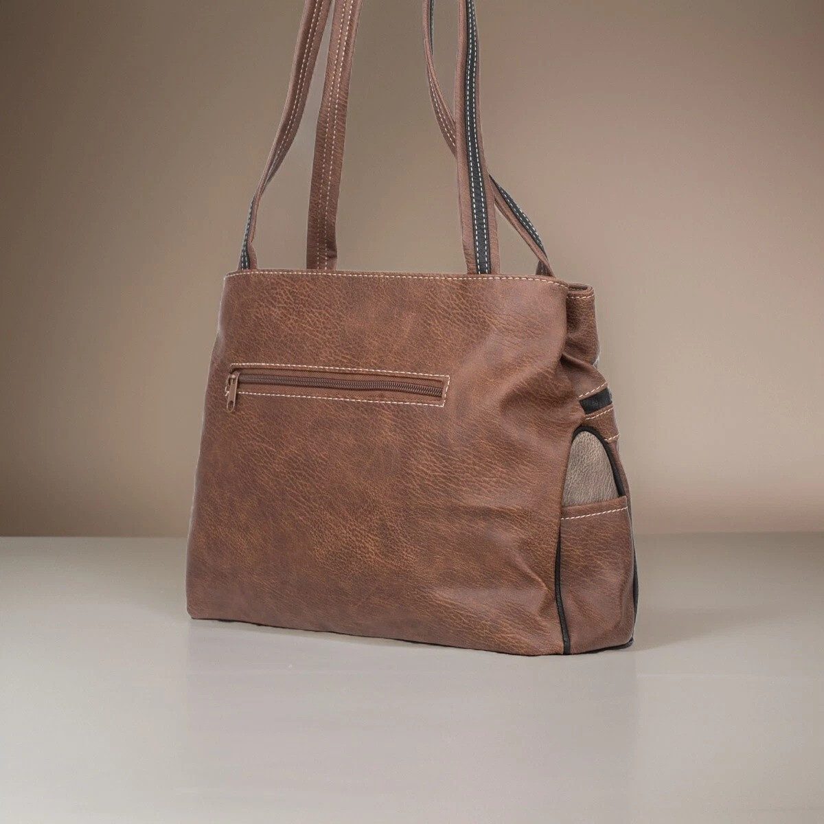 LA CUTE Handtasche Damenhandtasche Kunstleder Braun 2 Fächer 8 Taschen 35x27cm (Einzelhandtasche Damen Kunstleder Braun Business Alltag, 1 Damenhandtasche Kunstleder Braun 2 Fächer 8 Taschen), 2 Hauptfächer 8 Taschen verstellbarer Schulterriemen formstabil