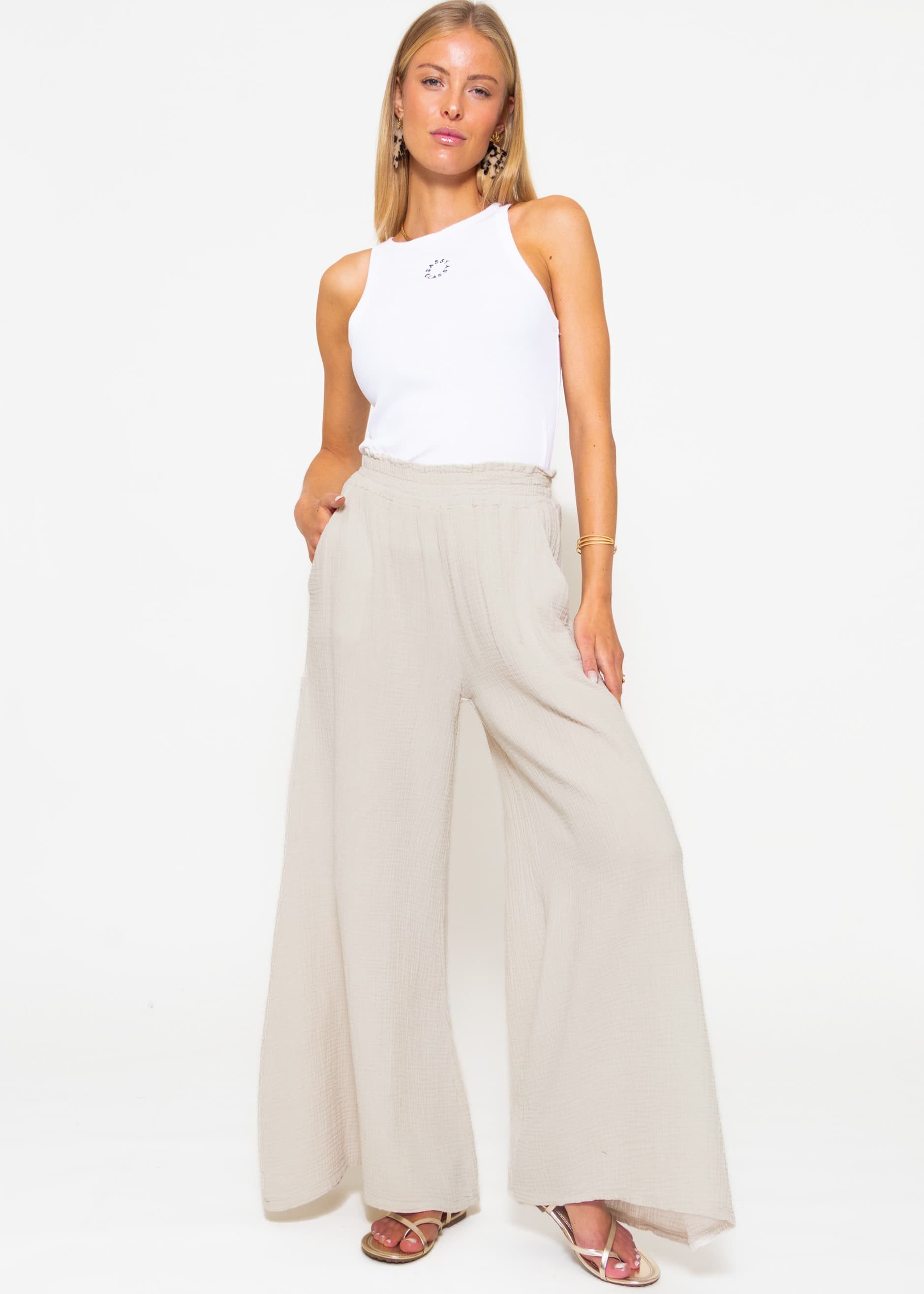 SASSYCLASSY Stoffhose Leichte Musselin Sommer Hose Damen Lang Elegant Lockere Musselinhose aus Baumwolle mit weitem Bein Schwarz Weiß Beige