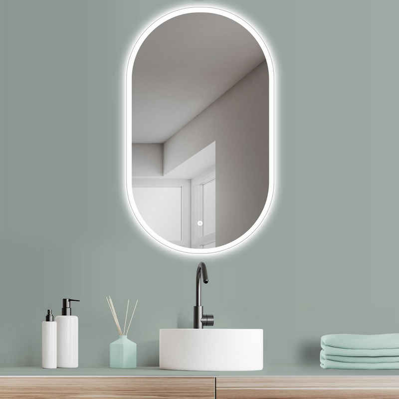 HOKO Badspiegel LED Design Wandspiegel Oval + LED Wechsel (Warmweiß - Kaltweiß - Neutral. Licht mit Touch Schalter und mit Wandschalter einschaltbar. Memory-Funktion.IP44, 5mm HD Glass)