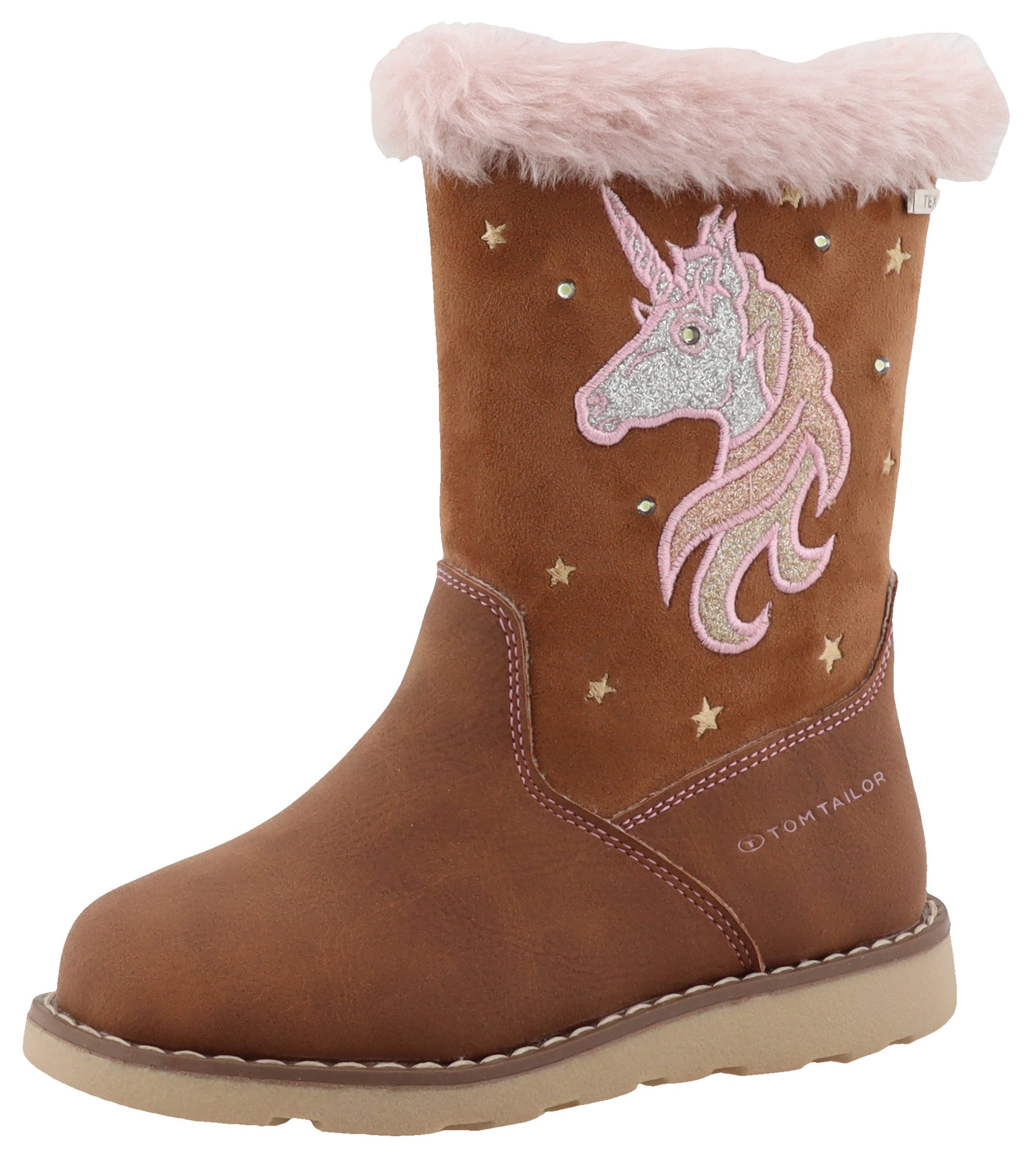 TOM TAILOR Blinkschuh Winterstiefel Langschafttstiefel, Kinderstiefel mit blinkendem Einhornmotiv