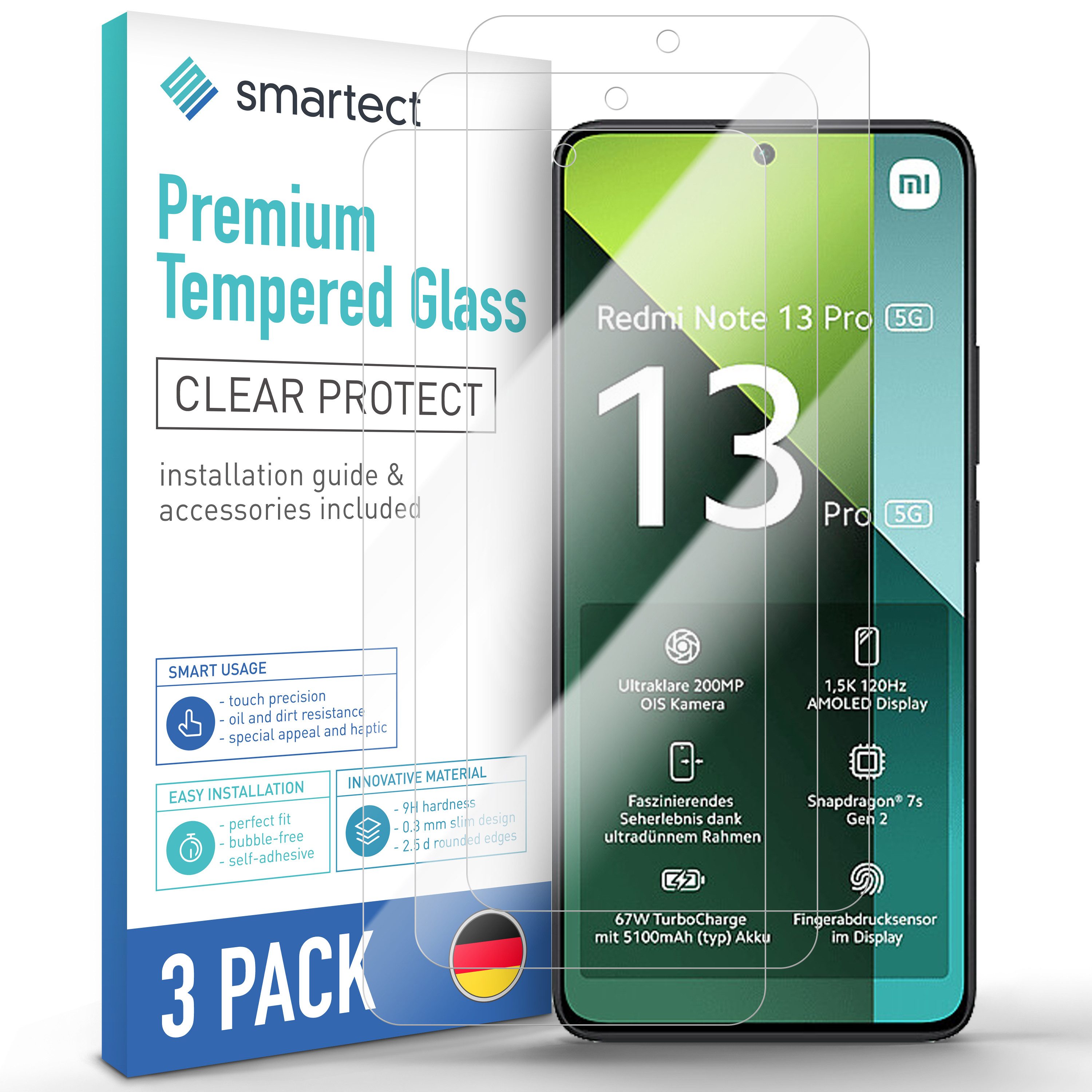 smartect Displayschutzglas 3X Schutzglas Panzerfolie Klar für Xiaomi Redmi Note 13 Pro 5G für Xiaomi Redmi Note 13 Pro 5G, Set, 3 Stück, 0.3 mm Ultra-klar, 9H Härte, Kratzfest, Stoßfest, Blasenfrei, Oleophob