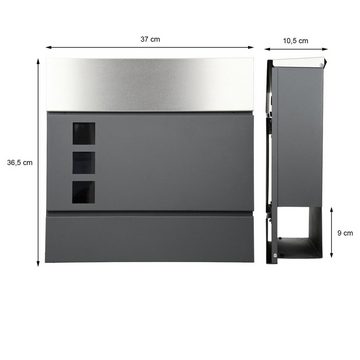 ECD Germany Standbriefkasten Designbriefkasten Briefkastenanlage Briefkastenständer Postkasten, Pfosten Silber 120cm Postkasten Anthrazit 37x10,5x36,5cm Edelstahl