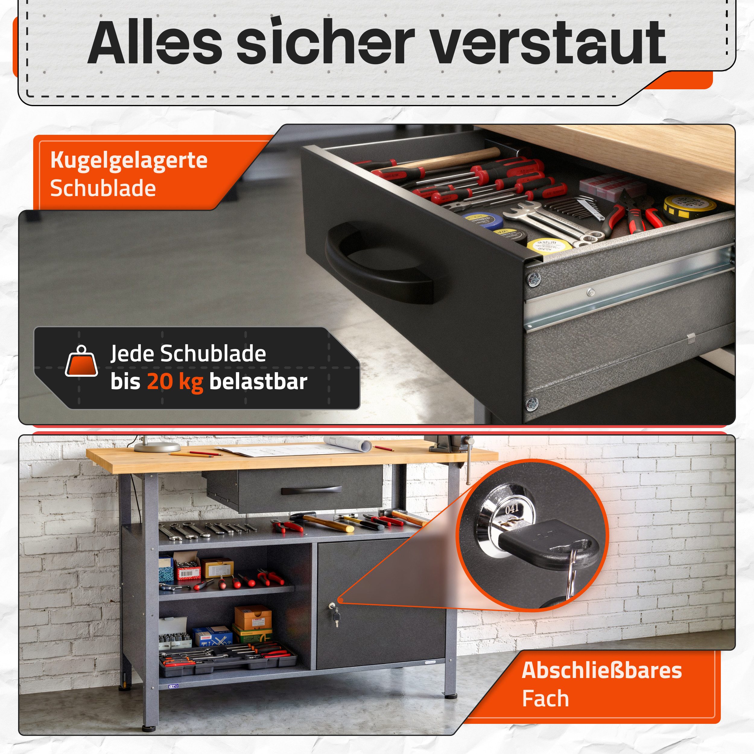 ONDIS24 Werkbank Werkbank Klaus 120 cm 120 x 60 x 85 (H) cm, belastbar bis 380 kg, abschließbare Tür, höhenverstellbare Füße