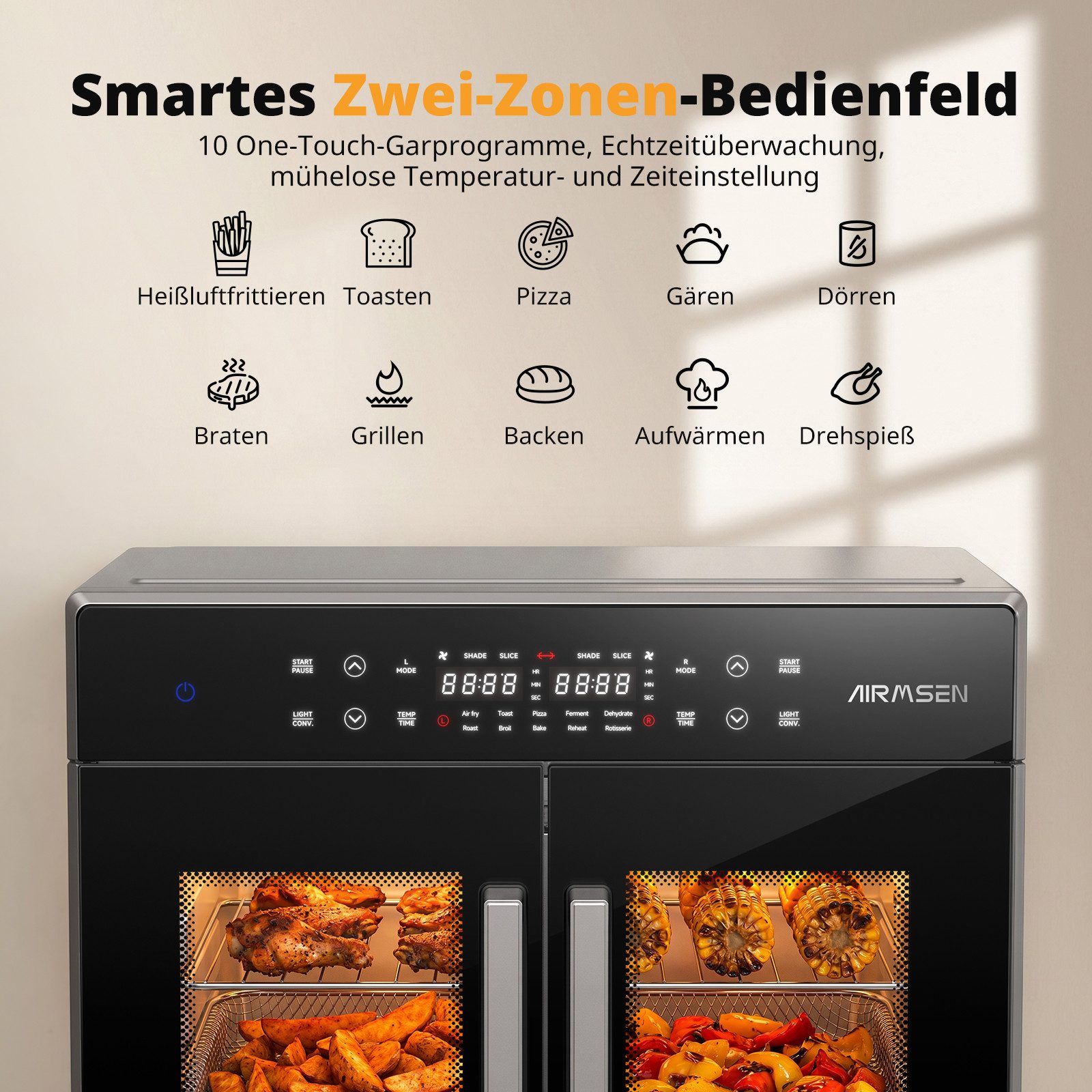 Airmsen Minibackofen 30L XL Heißluftfritteuse mit Doppeltür,2400W Minibackofen Umluft, 10 voreingestellte Programme,Smartes Zwei-Zonen-Garen,15 Zubehör – Bild 5 von 5