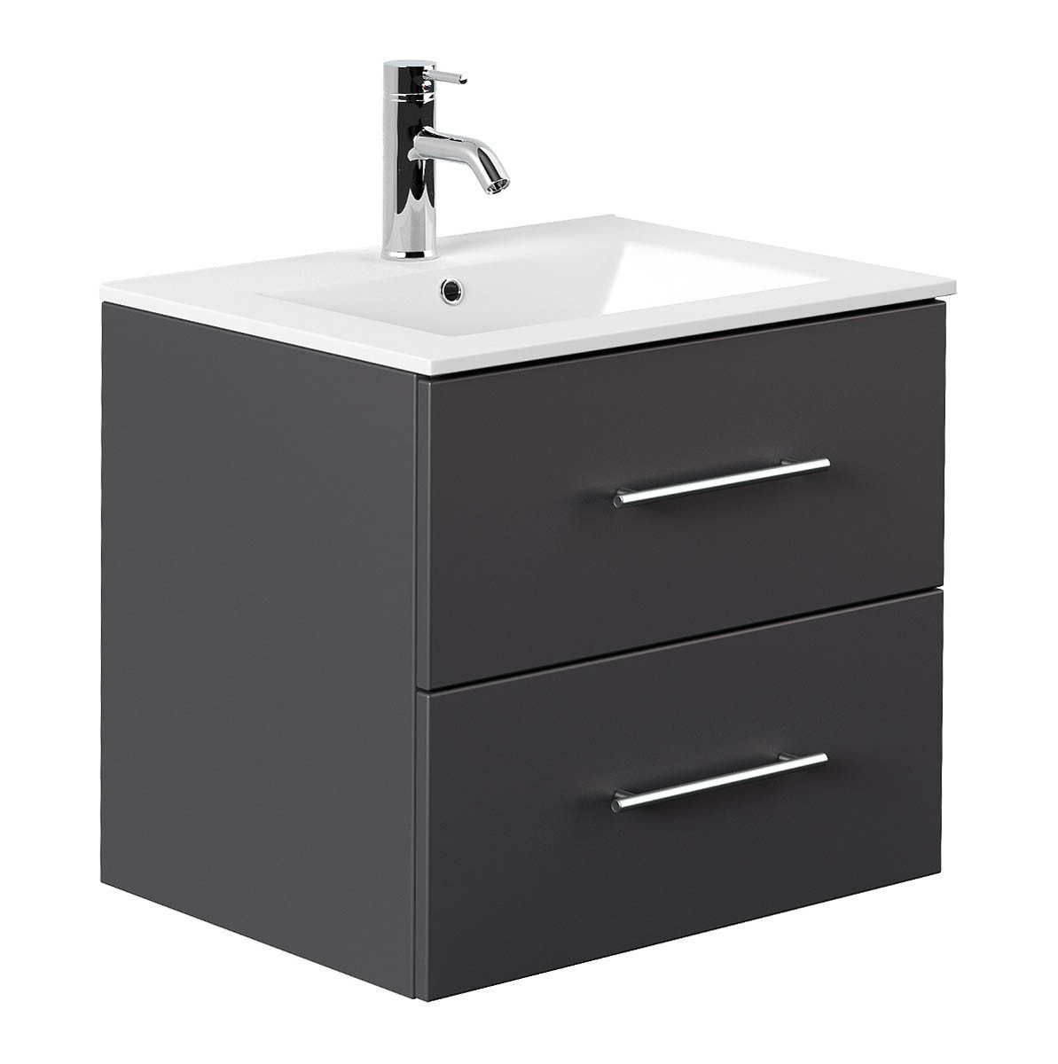 einfachgutemoebel Waschtisch-Set KUBOA Waschplatz 60cm Grafit Seidenmatt mit Keramikbecken, (Badmöbel Set, 1-St., Waschtisch Set)