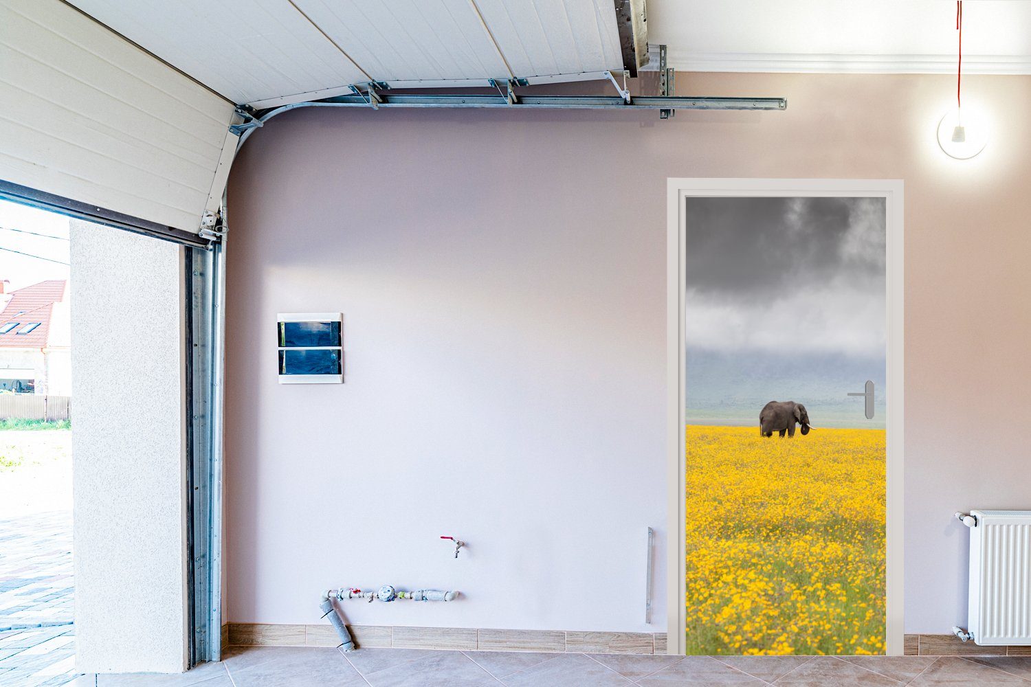 Türtapete Tür, Fototapete St), - Matt, 75x205 MuchoWow (1 cm Türaufkleber, - für - Blumen Tiere, - Elefant bedruckt, Natur Gelb