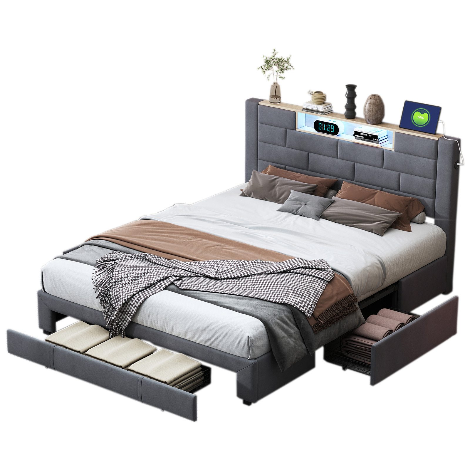 FUROKOY Stauraumbett Polsterbett Doppelbett mit LED-Beleuchtung günstig online kaufen