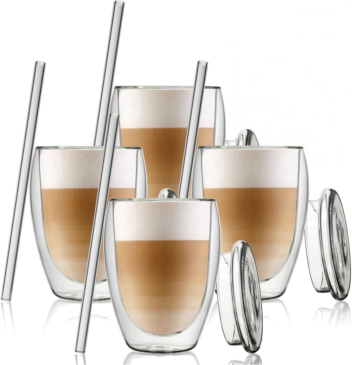 ANWA Thermoglas 4x Doppelwandige Gläser mit Deckel und Trinkhalm Thermogläser 350ml, 12-tlg., Glas, doppelwandig