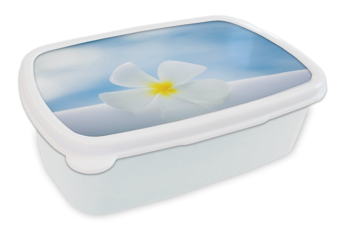 MuchoWow Lunchbox Strahlend blauer Himmel über einer Plumeria-Blüte, Kunststoff, (2-tlg), Brotbox für Kinder und Erwachsene, Brotdose, für Jungs und Mädchen weiß