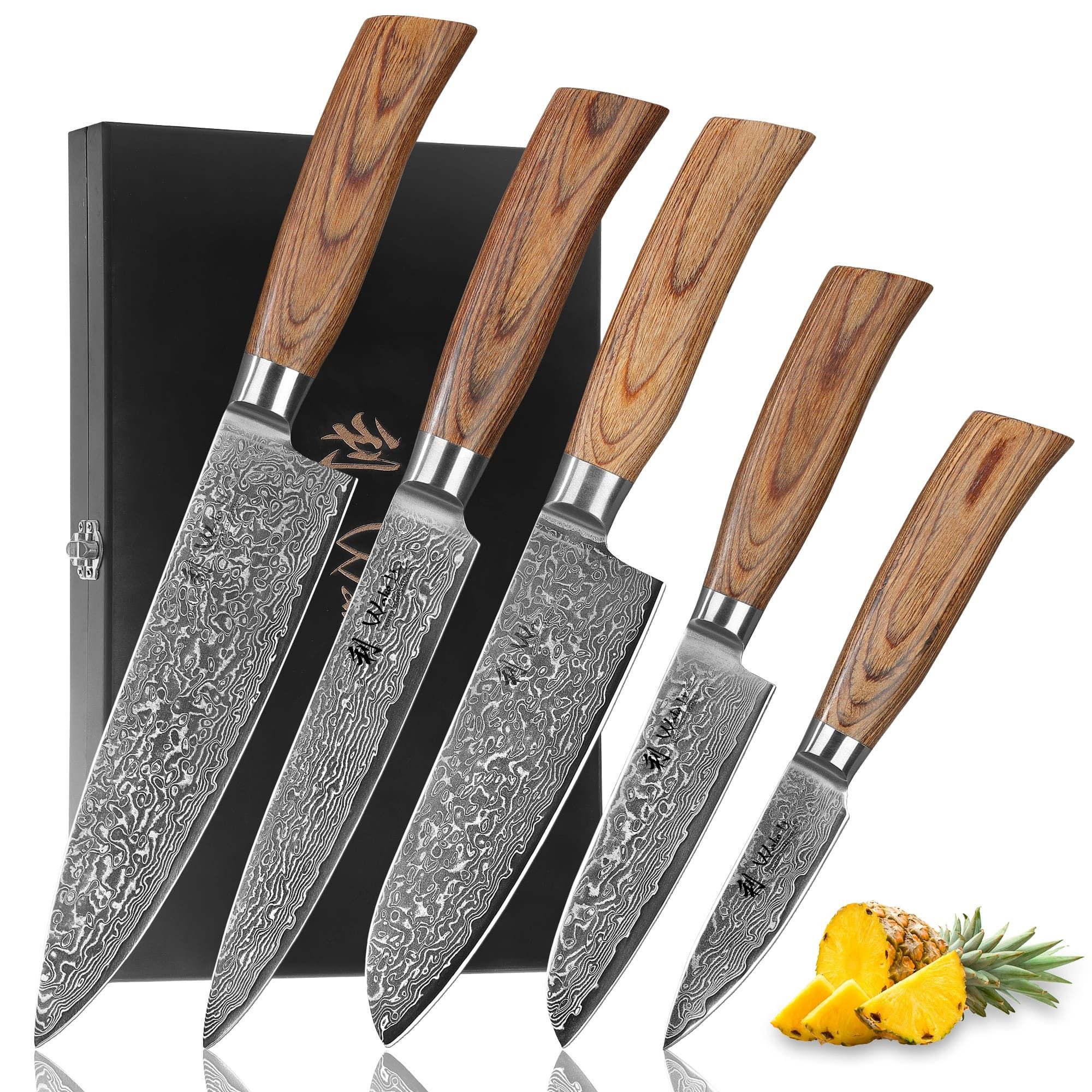 Wakoli Messer-Set Edib Pro 5 Damastmesser I Kochmesser Küchenmesser I 8-20cm Klingen (Damastmesser mit Geschenkbox, 5-tlg., 5er Damastmesser-Set mit Holzbox), 67 Lagen Damaststahl, VG-10 Stahlkern