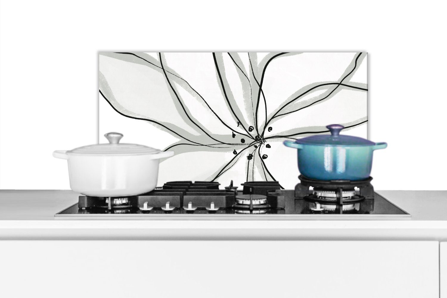 MuchoWow Küchenrückwand Blume - Kunst - Weiß - Schwarz, (1-tlg), 60x30 cm, Wandschutz, gegen Fett und Schmutzflecken für Küchen