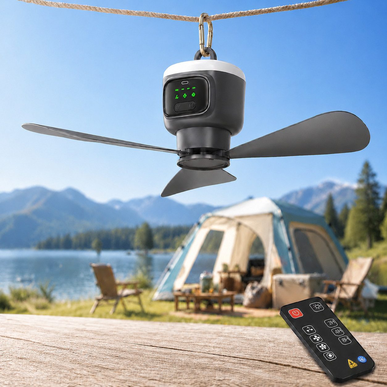 Lapalife Deckenventilator mit Beleuchtung 12000mAh Tragbar Ventilator, 4 Geschwindigkeitsstufen, Leise, Timer, für Terrassen Zelt, Veranda, Wohnmobil