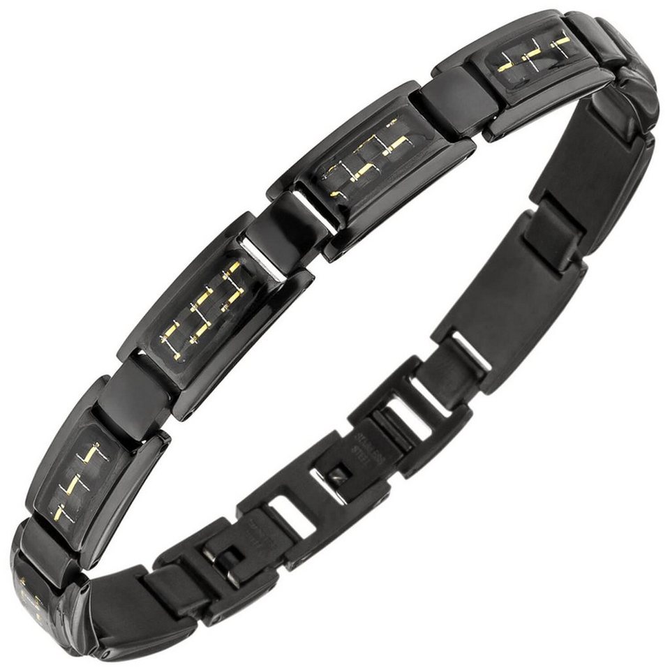 Schmuck Krone Edelstahlarmband Armband, Edelstahl schwarz lackiert  Carbon-Einlagen goldfarbene Striche, 21-22cm