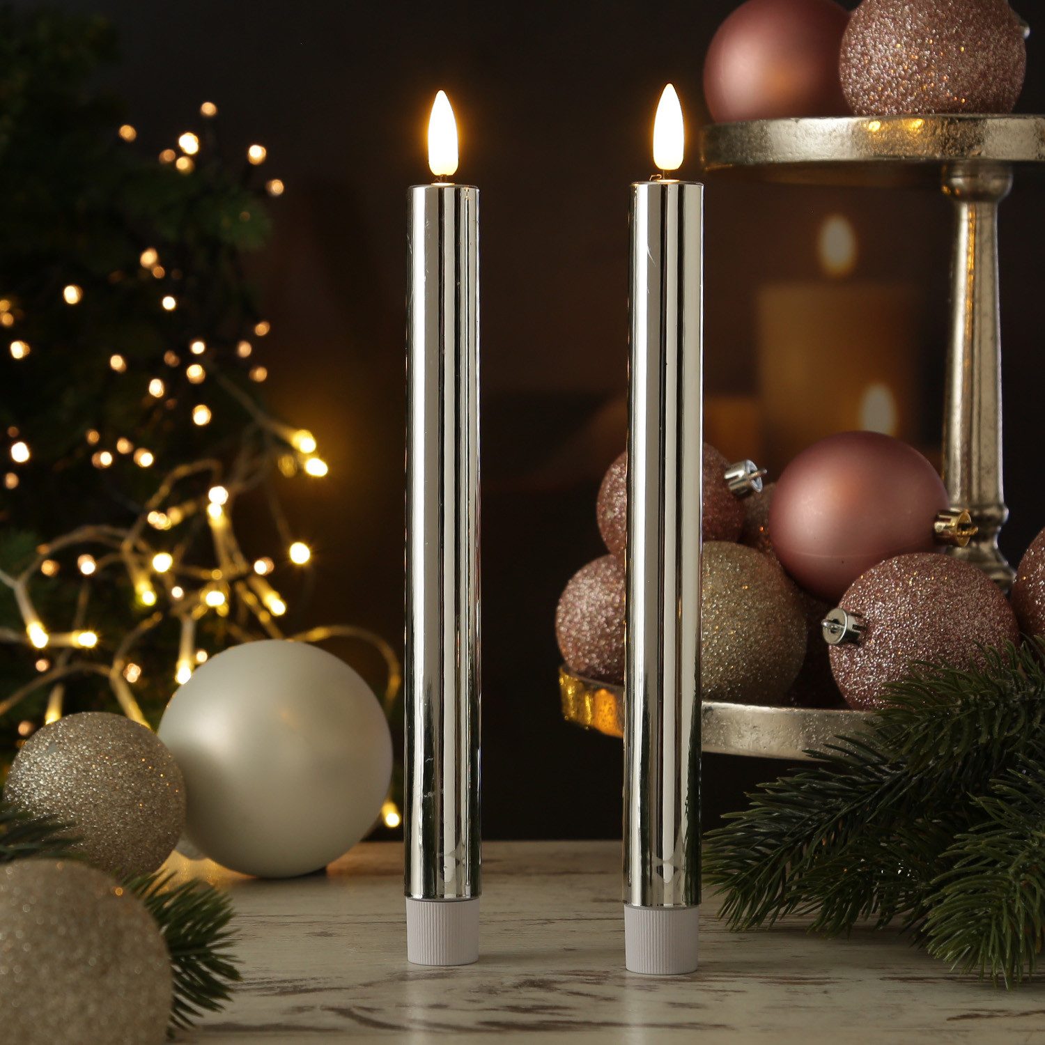 MARELIDA LED-Kerze LED Палка свечи Dinnerkerzen Tafelkerzen Spitzkerzen H: 25cm silber 2St (2-tlg)