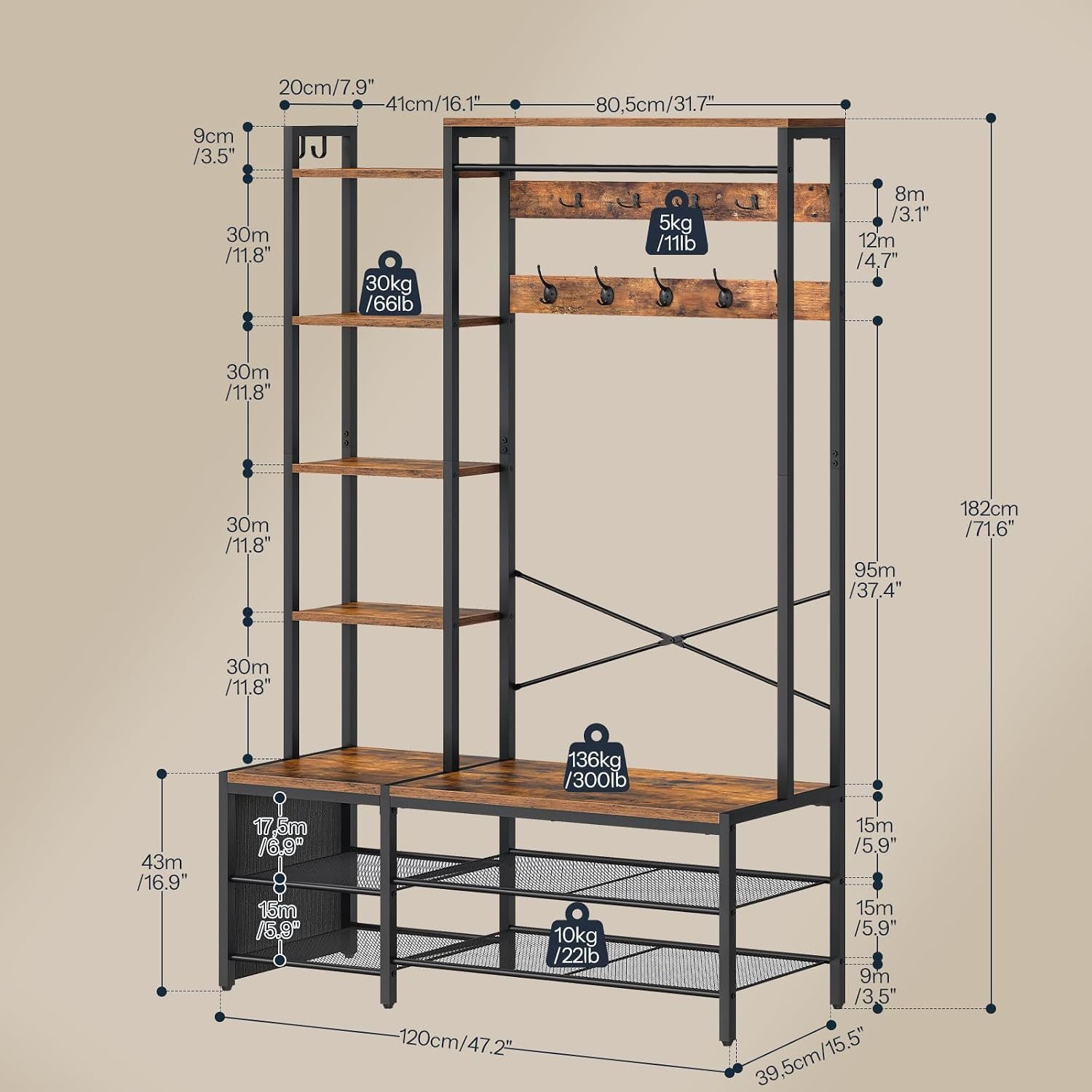 Hoobro Garderobenständer Garderobe mit Schuhregal und Sitzbank 9 Doppelhaken, 2 Seitenhaken, (1 Garderobenständer mit Schuhregal, Sitzbank, Haken, Ablagen und Seitentasche)
