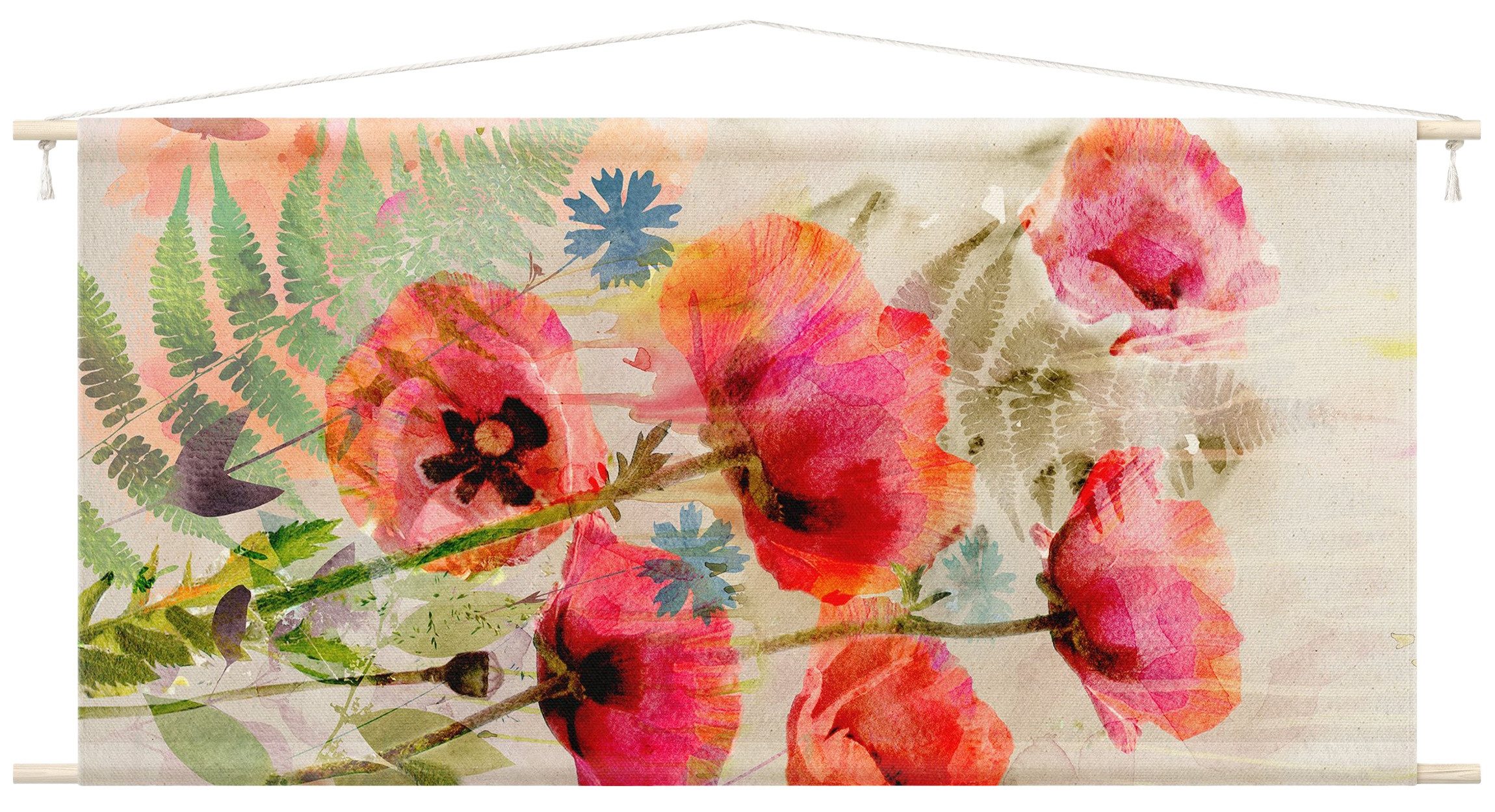 Bilderdepot24 Wandteppich modern Blumen Aquarell Mohnblume rot, rechteckig, Höhe: 2.6 mm, großes Wandbild aus Natur-Baumwolle Wandbehang Stoffbild Tuch Wollseil