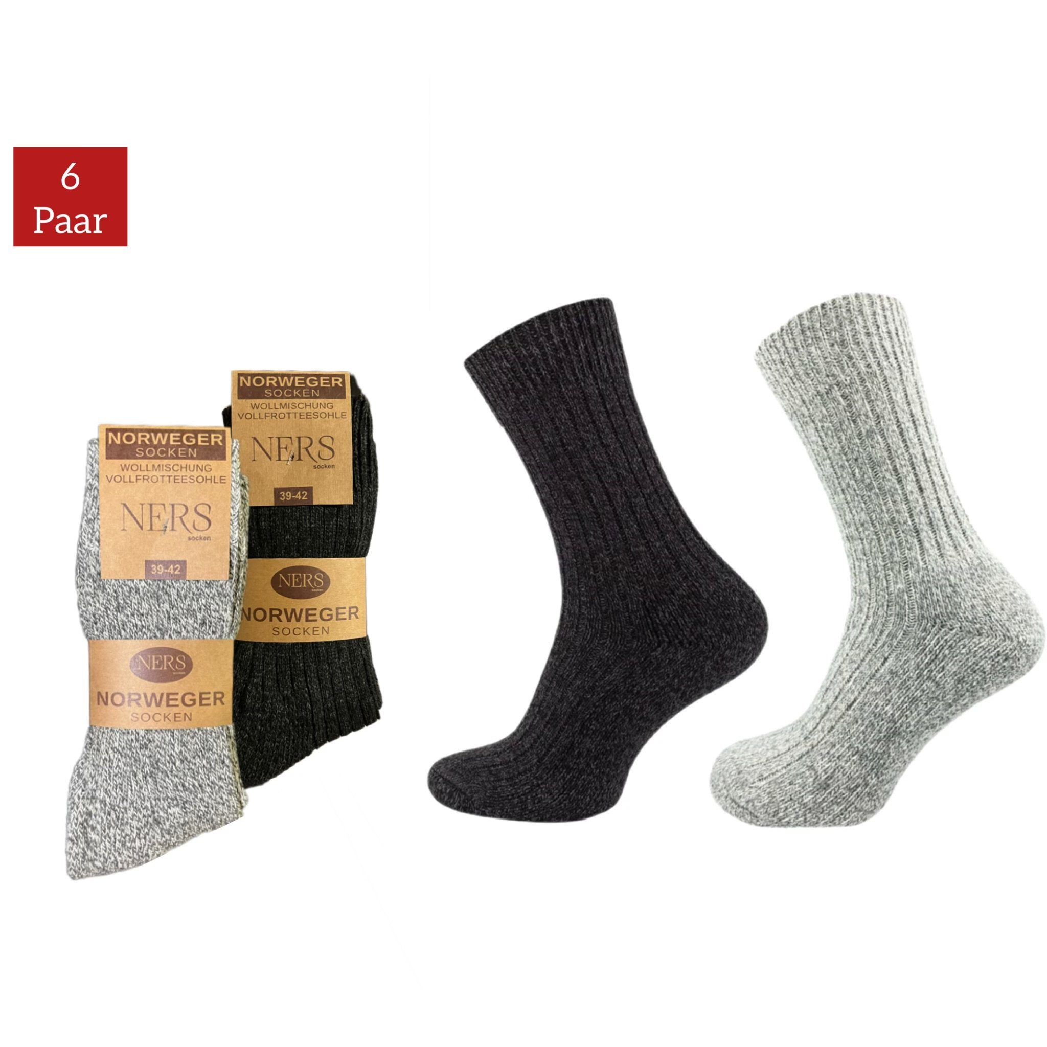 Norwegersocken für Wintersocken Wolle Damen Grau/Anthrazit Herren NERS weicher und Frotteesohle (6-Paar) mit aus