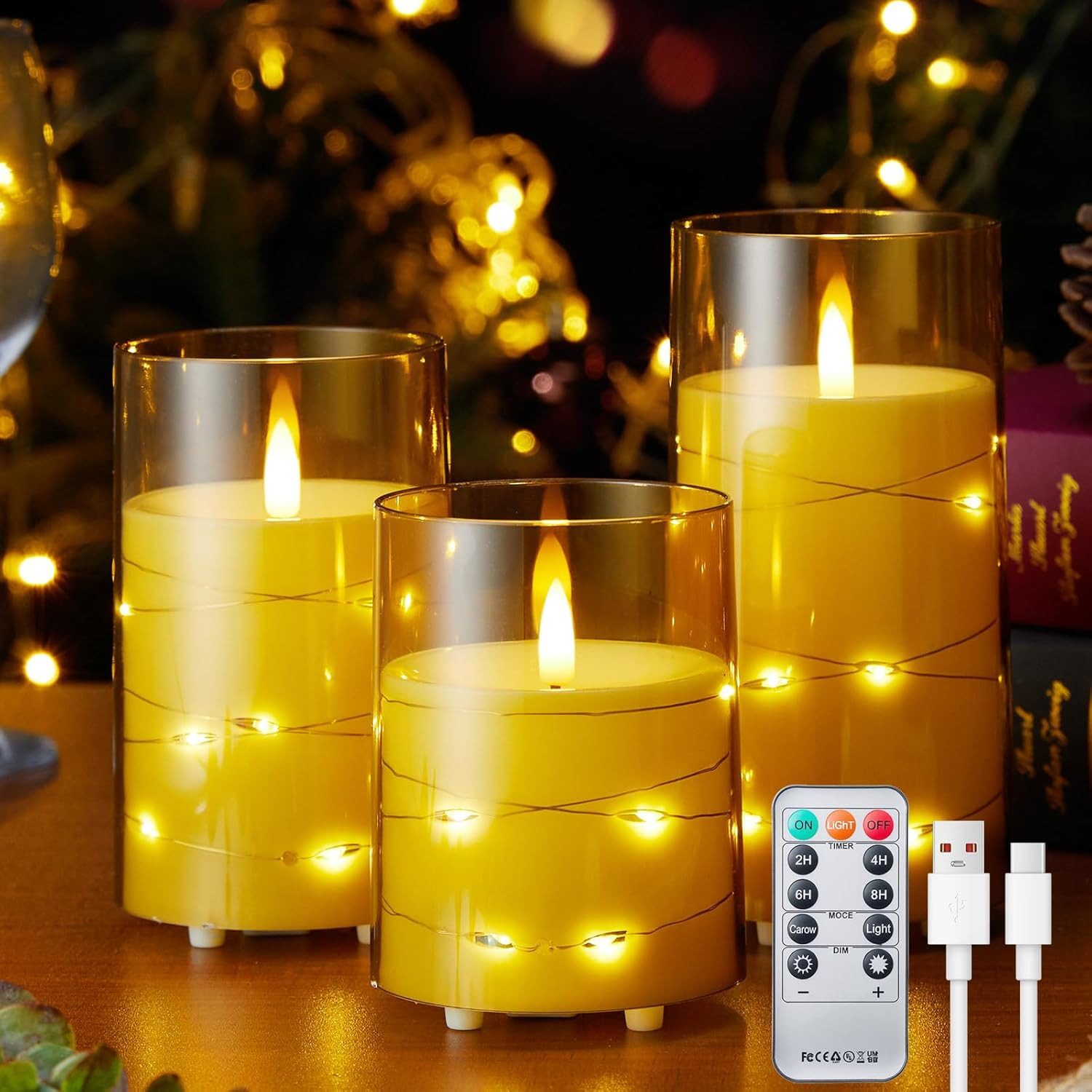 EXTSUD LED-Kerze 3 Stück LED Kerzen mit Lichterkette und Timer Aufladbare LED Kerzen (3-tlg., für Wohnung Dekoration Weihnachten Geburtstag Party [Energieklasse D), mit Fernbedienung Flammenlose Led Acryl Kerzen