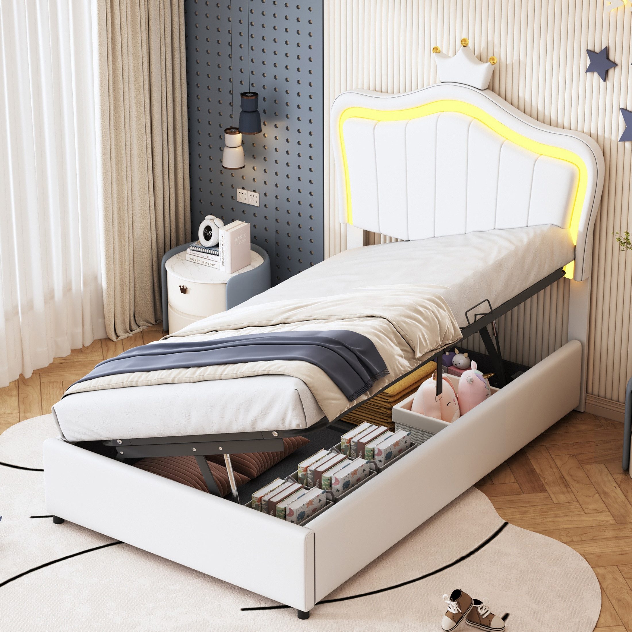 Blossom Kinderbett Polsterbett Einzelbett 90x200 cm mit Kronendesign, LED-Beleuchtung, hydraulischem Bettgestell, höhenverstellbarem Kopfteil Kunstlederbezug