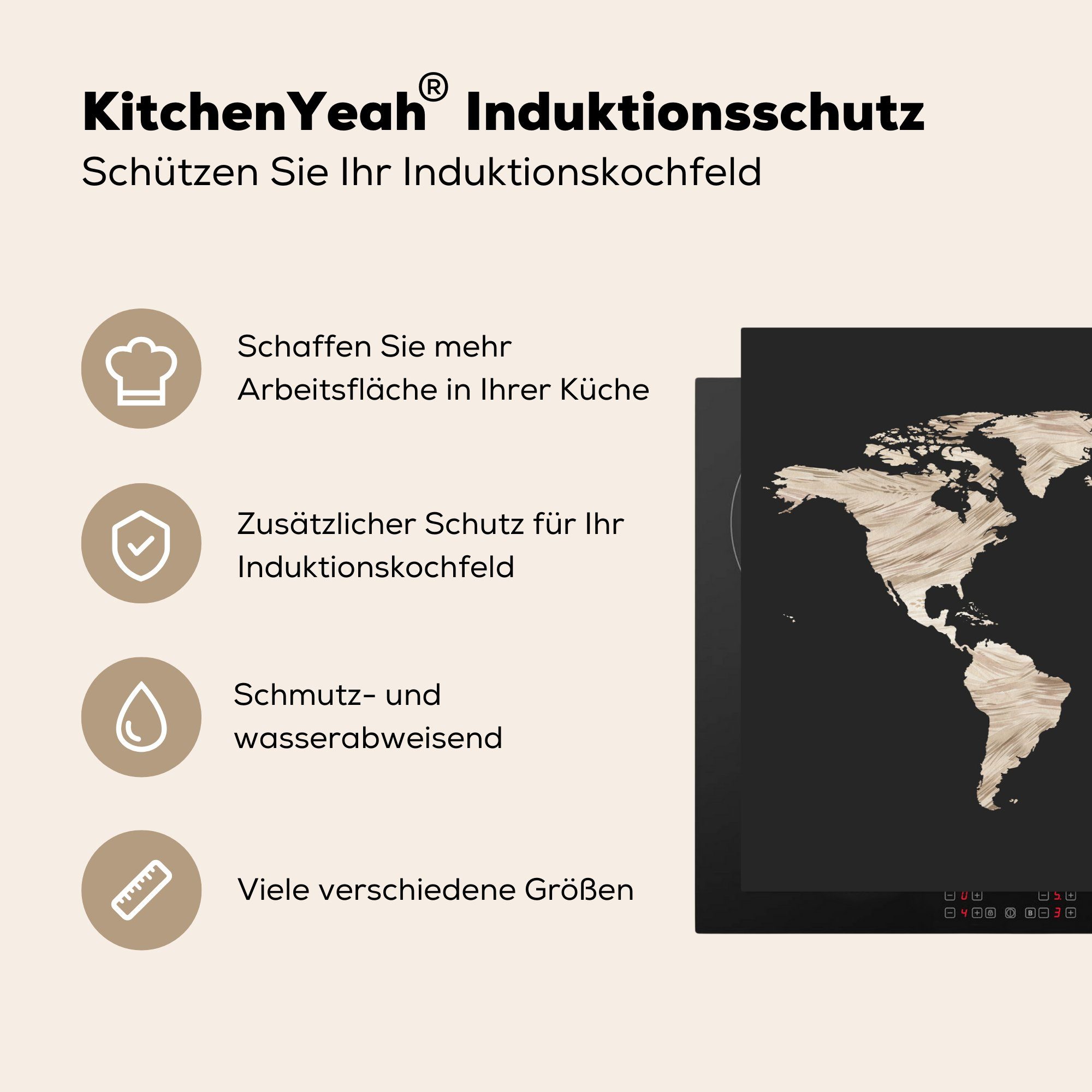 küche, MuchoWow cm, Beige Vinyl, - (1 die 81x52 für Herdblende-/Abdeckplatte Schutz Induktionskochfeld - Ceranfeldabdeckung tlg), Schwarz, Weltkarte