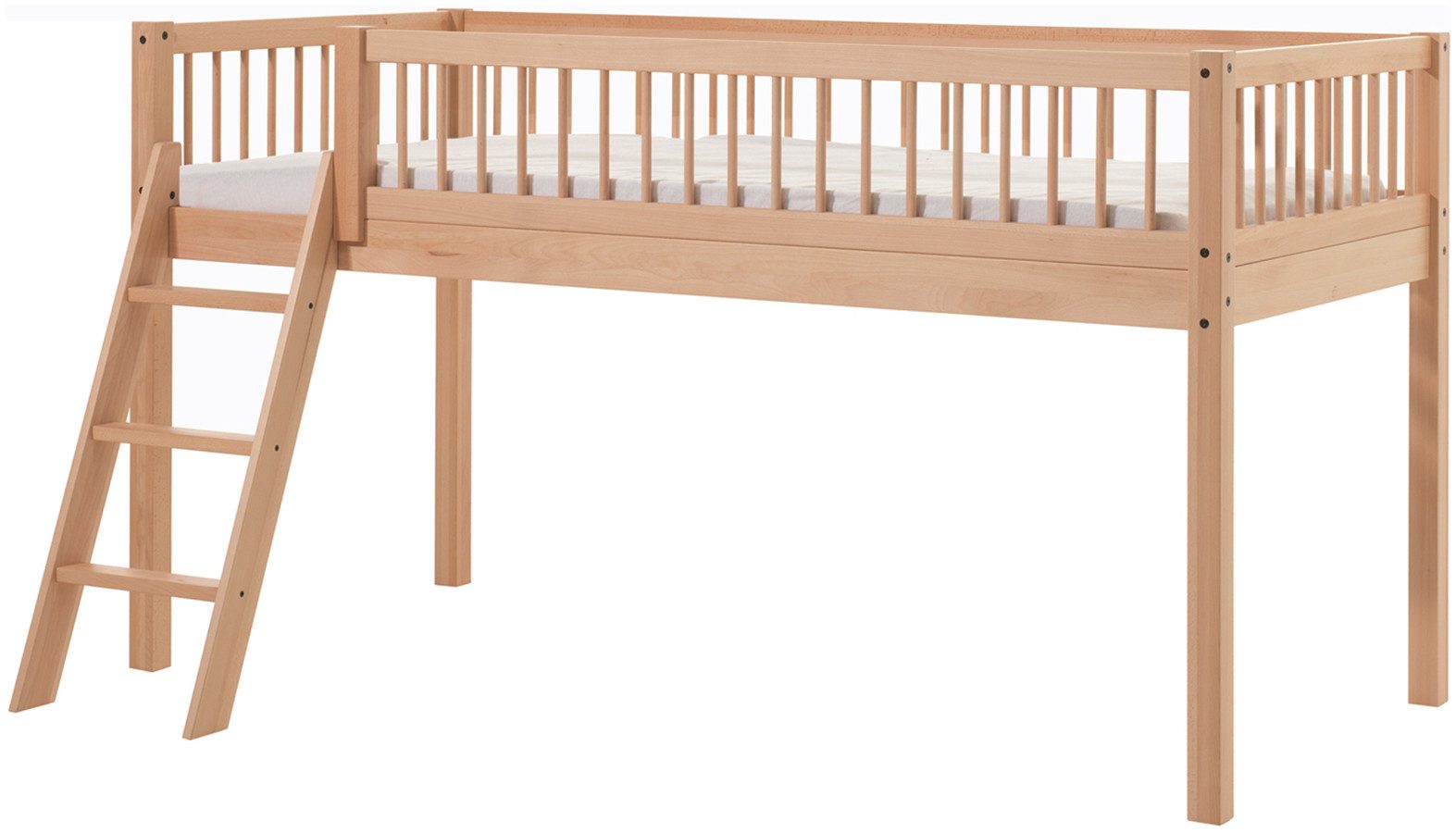 Vipack Spielbett Forrest mit hochwertiger und stabiler Verarbeitung, Made in Europe (halbhohes Bett inkl. Lattenrost, 90/200 cm, Rausfallschutz und Leiter), Ausf. Buche massiv natur, inkl. Textilvorhang 3-tlg.