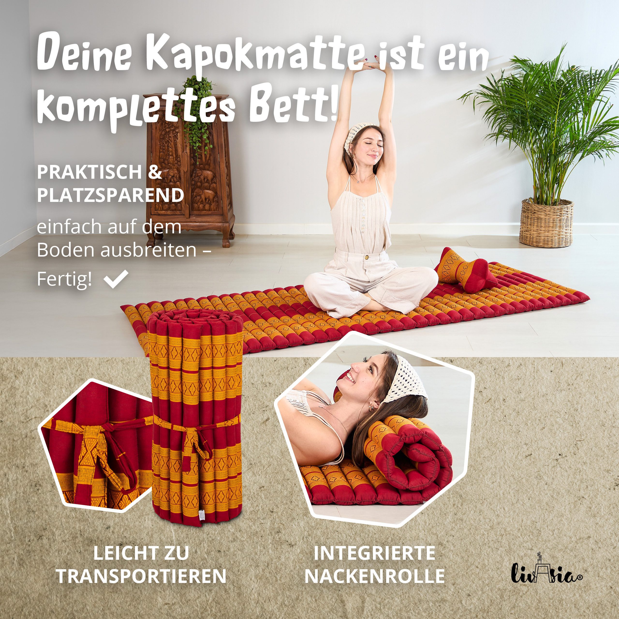 Reisebett-Matratzen Rollmatte 75 cm breit, vegan und handgefertigt, 200x75x4,5cm, livasia, 4.5 cm hoch, Kapok – Bild 4 von 5