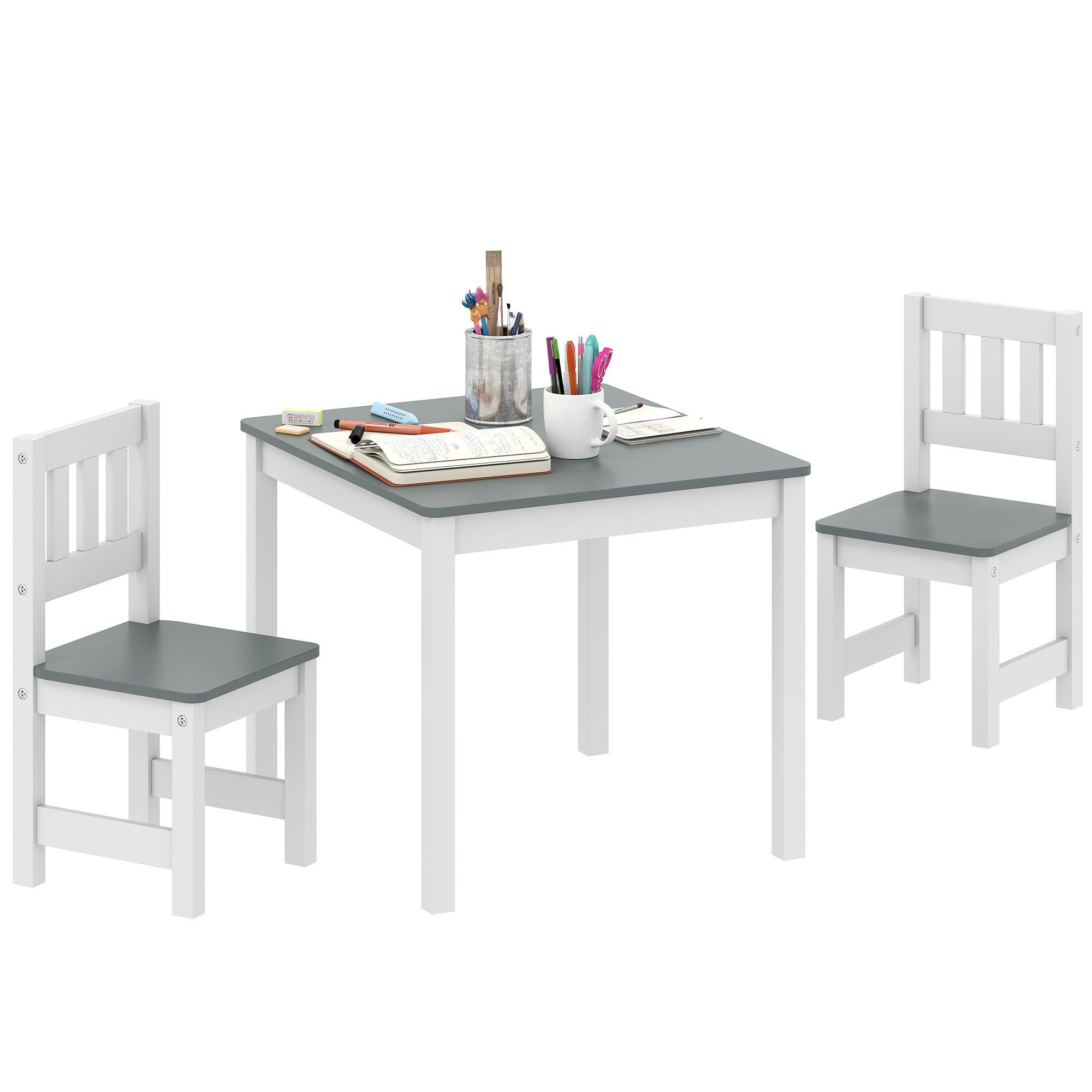 AIYAPLAY Kindersitzgruppe Kinderzimmer Tisch & Stühle Set Maltisch & Basteltisch für Kinder, (Sitzgruppe für Kinder, 3-tlg., Kindertisch mit 2 Stühlen), für Kinderzimmer, Kindergärten, 56 x 52 x 48 cm Grau