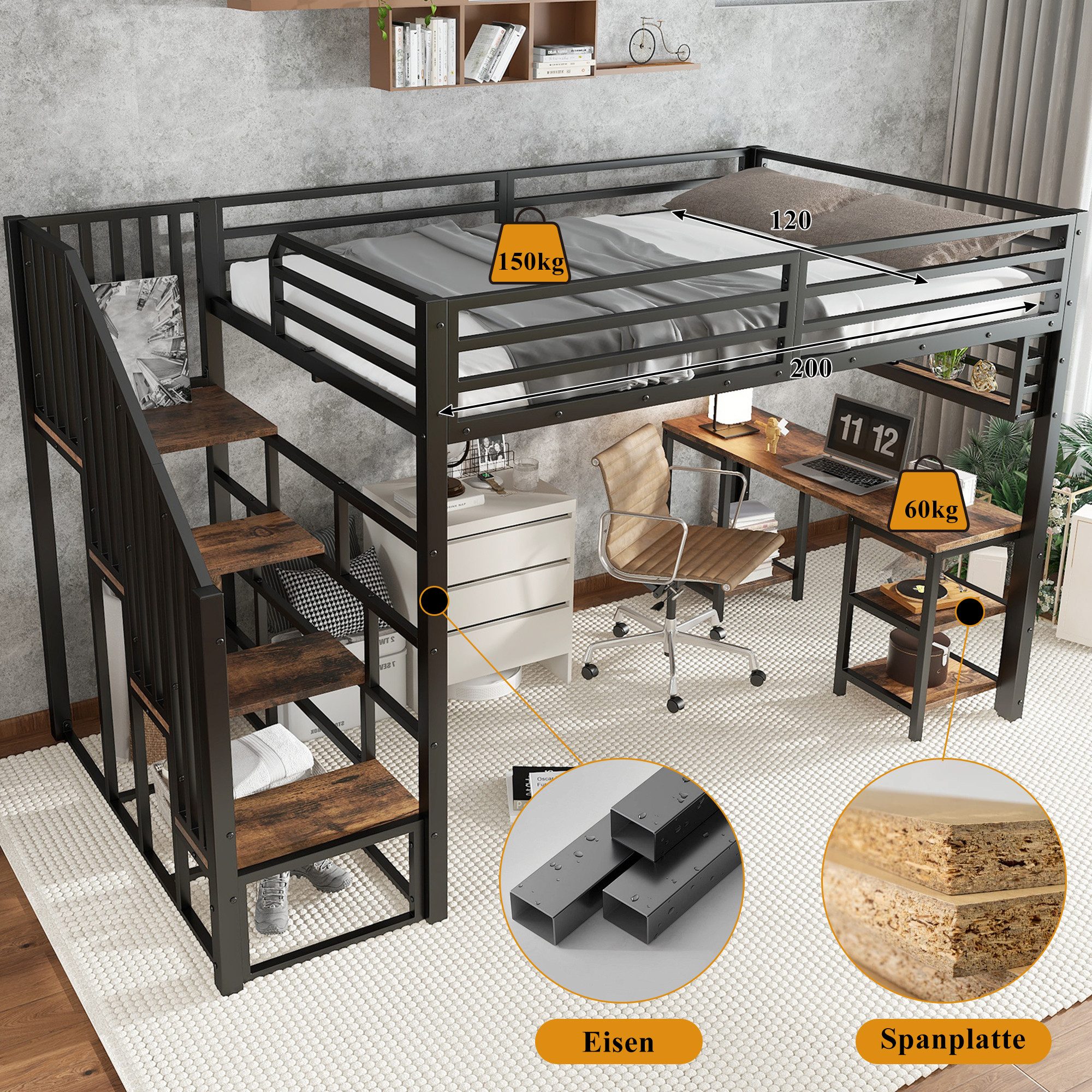 Merax Hochbett 120x200cm mit integriertem Schreibtisch & stabilen Lattenrosten (1-St., Jugendbett Einzelbett) Metallbett Kinderbett mit Treppen, Handläufen & Au – Bild 5 von 5