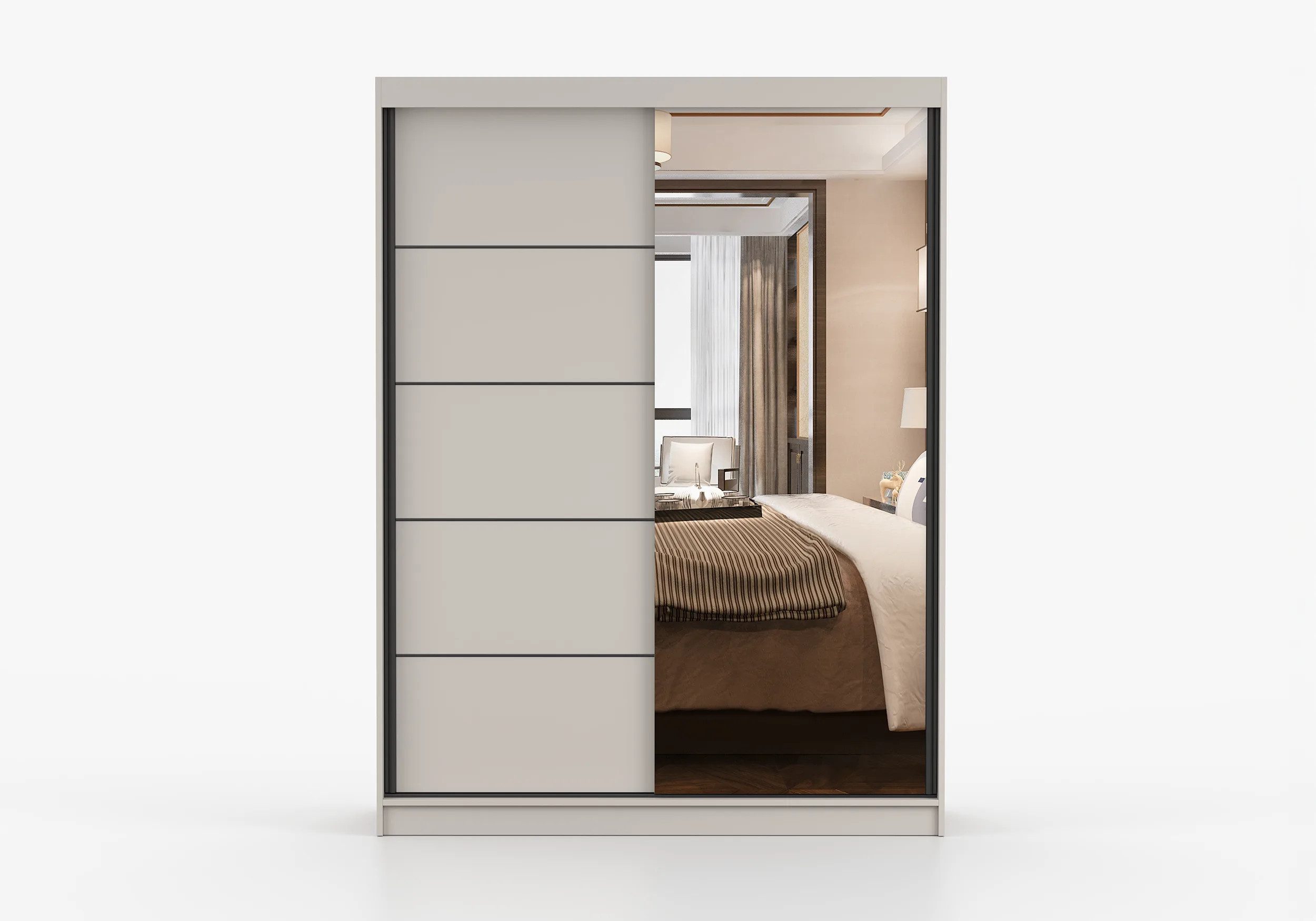 MOEBLO Kleiderschrank LARA 05 Kaschmir (Kleiderschrank Kaschmir mit Spiegel & schwarzen Sprossen, Schiebetüren, Schwebetürenschrank 2-türig Schrank mit vielen Einlegeböden und Kleiderstange) (BxHxT): 150x200x61 cm