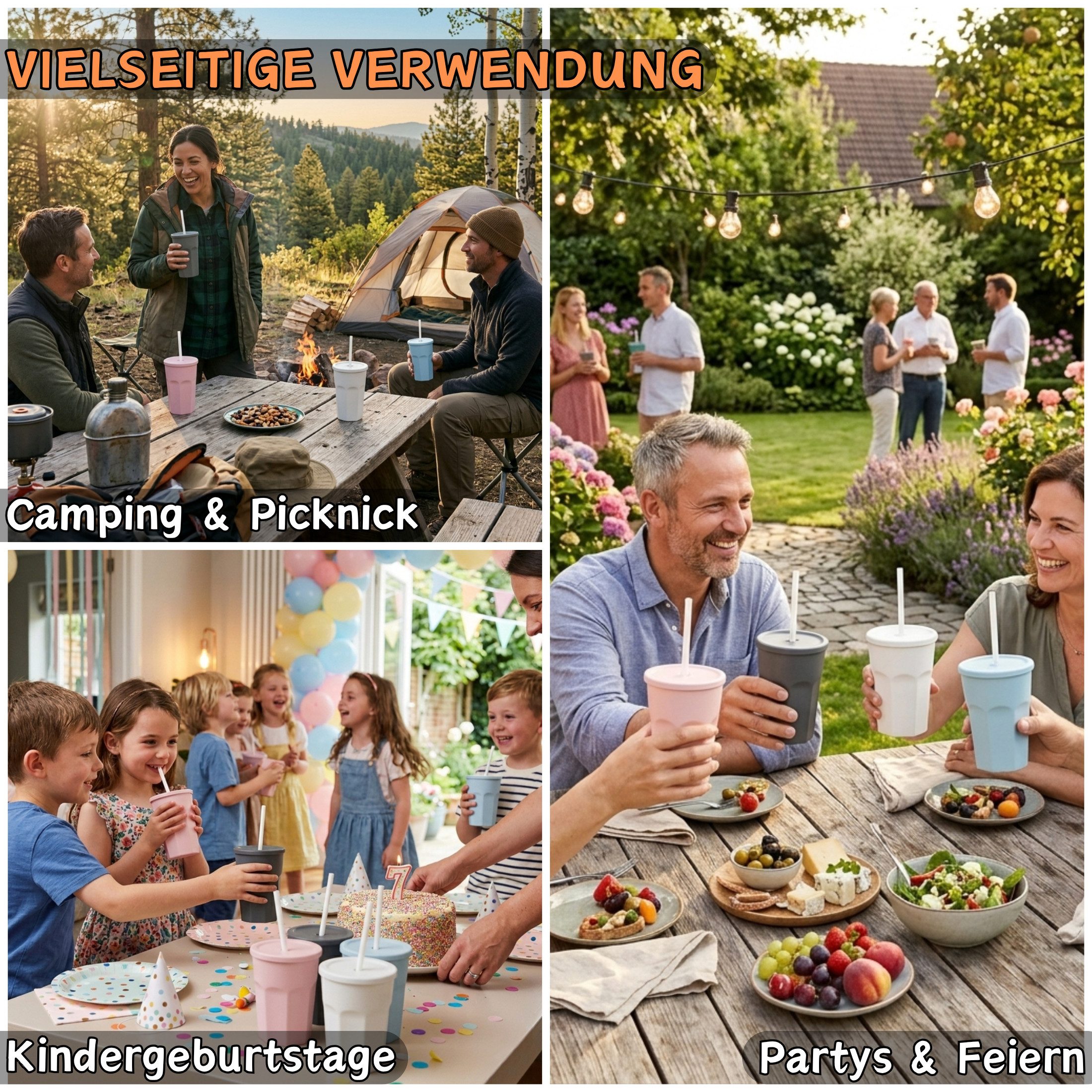 Engelland Becher Wiederverwendbare Plastikbecher mit Deckel und Strohhalm, 0,25 Liter, 5-tlg., Kunststoff, BPA-frei, spülmaschinengeeignet, lebensmittelecht, Temperaturbeständig