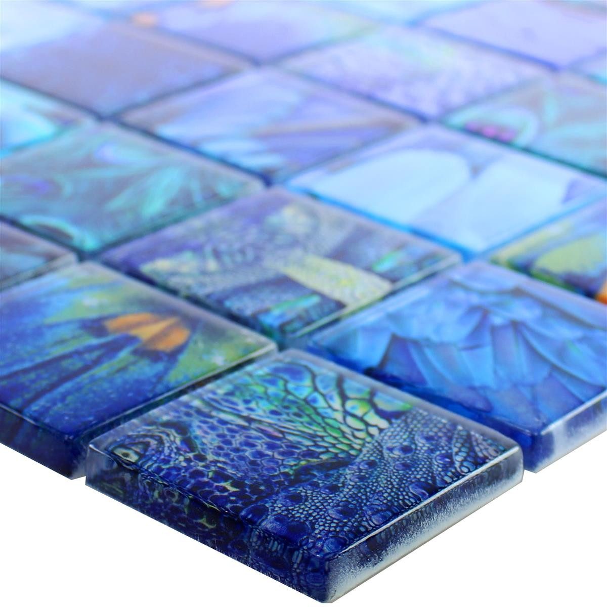 Mosafil Mosaikfliesen Glasmosaik Fliesen Peafowl, Glas 29.800x29.800, blau, Verlegefertig auf ein Netz geklebt - Wasserfest
