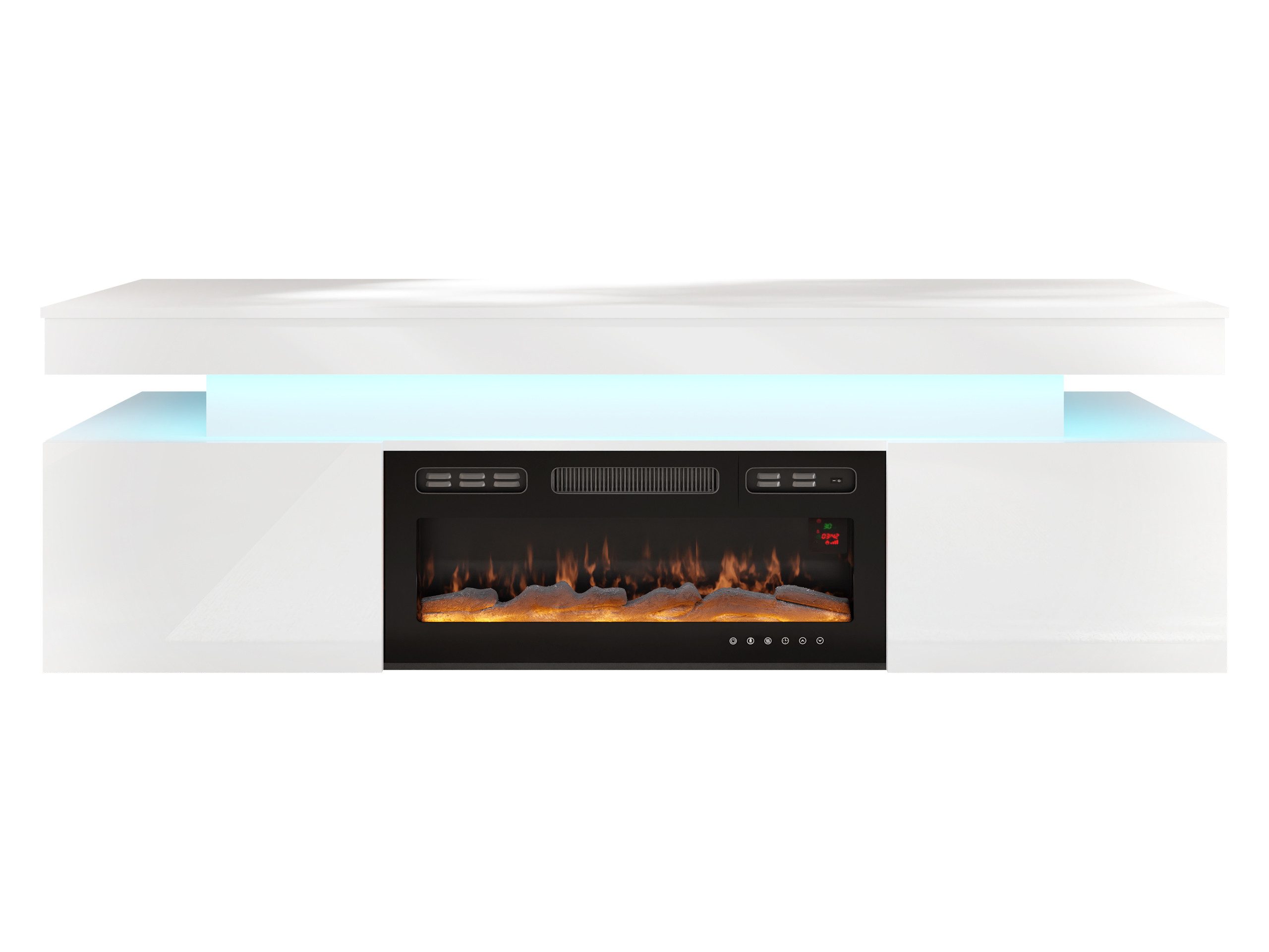 MIRJAN24 TV-Schrank EF 2D Glossa mit Kamin (mit zwei Drehtüren) mit blauer LED-Beleuchtung, Realistische LED-Flamme