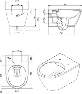 aquaSu Tiefspül-WC, Wandhängend, Abgang Waagerecht, Wand WC, spülrandlos, Weiß, WC-Sitz mit Absenkautomatik, 572361