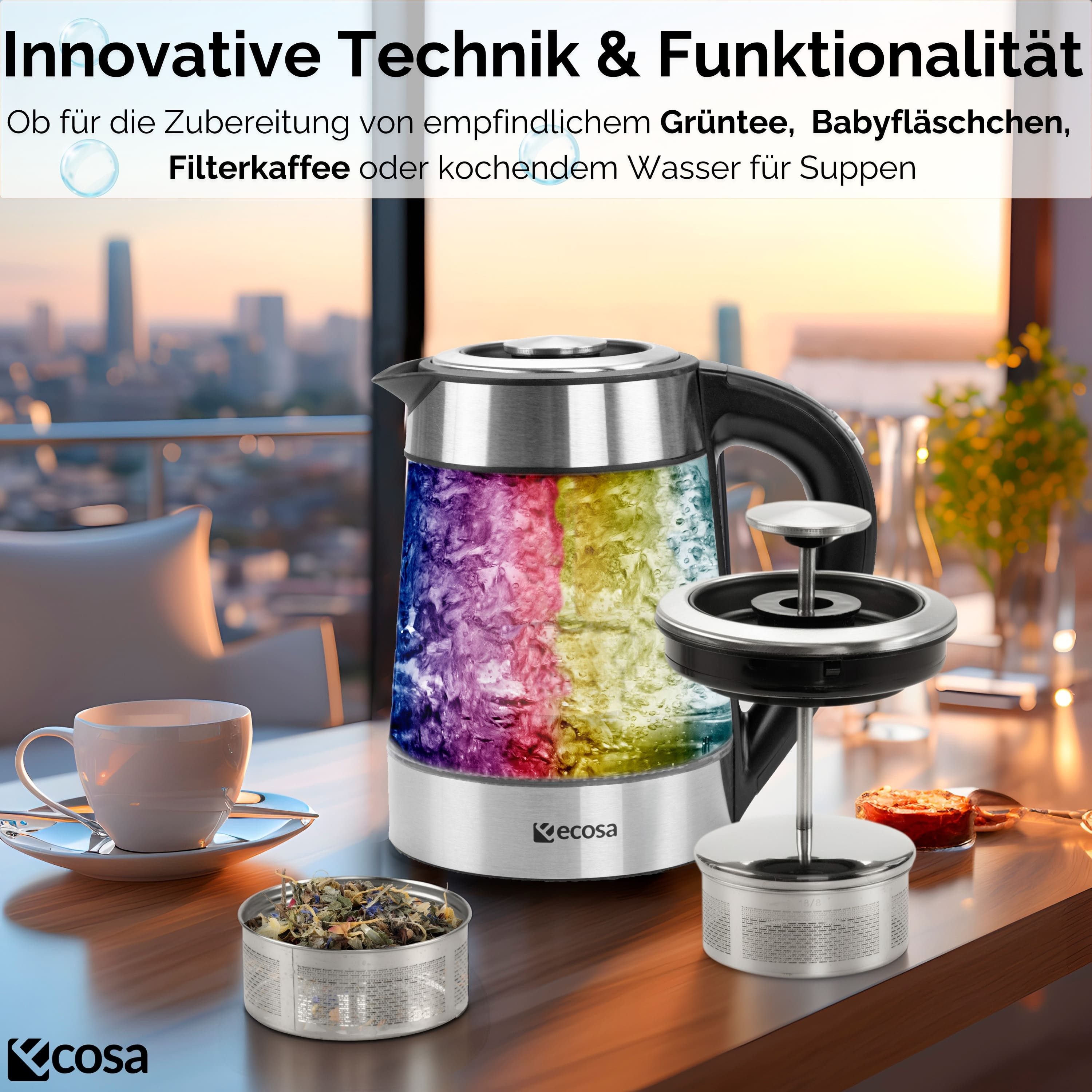 ecosa Wasserkocher EO-666, 1.7 l, 2200 W, Temperatureinstellung,LED-Beleuchtung,Edelstahl,BPA-frei,Farbwechsel